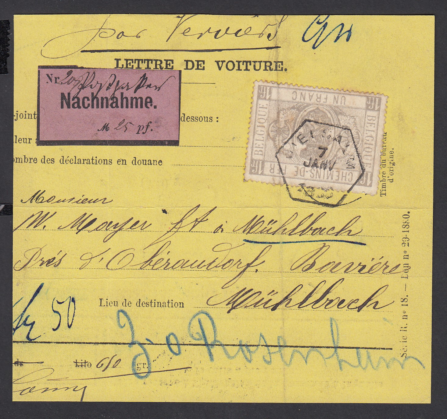 CF6 sur lettre de voiture ( grand fragment) de Vielsalm le 7 jan 1888 vers l'Allemagne. Divers cachets au verso.