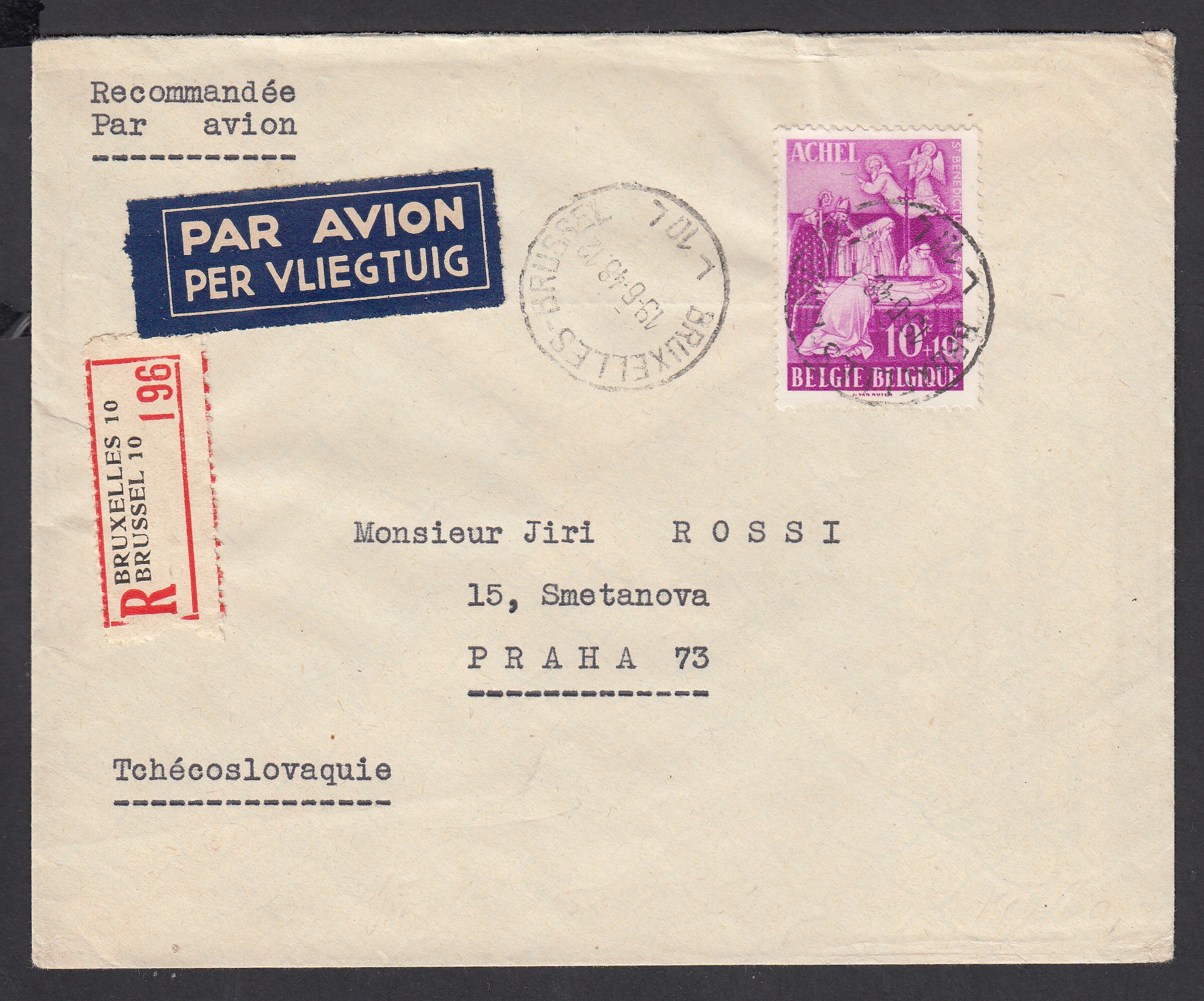 776 sur lettre par avion recommandé de BXL le 16.9.1949 vers Pragues.
