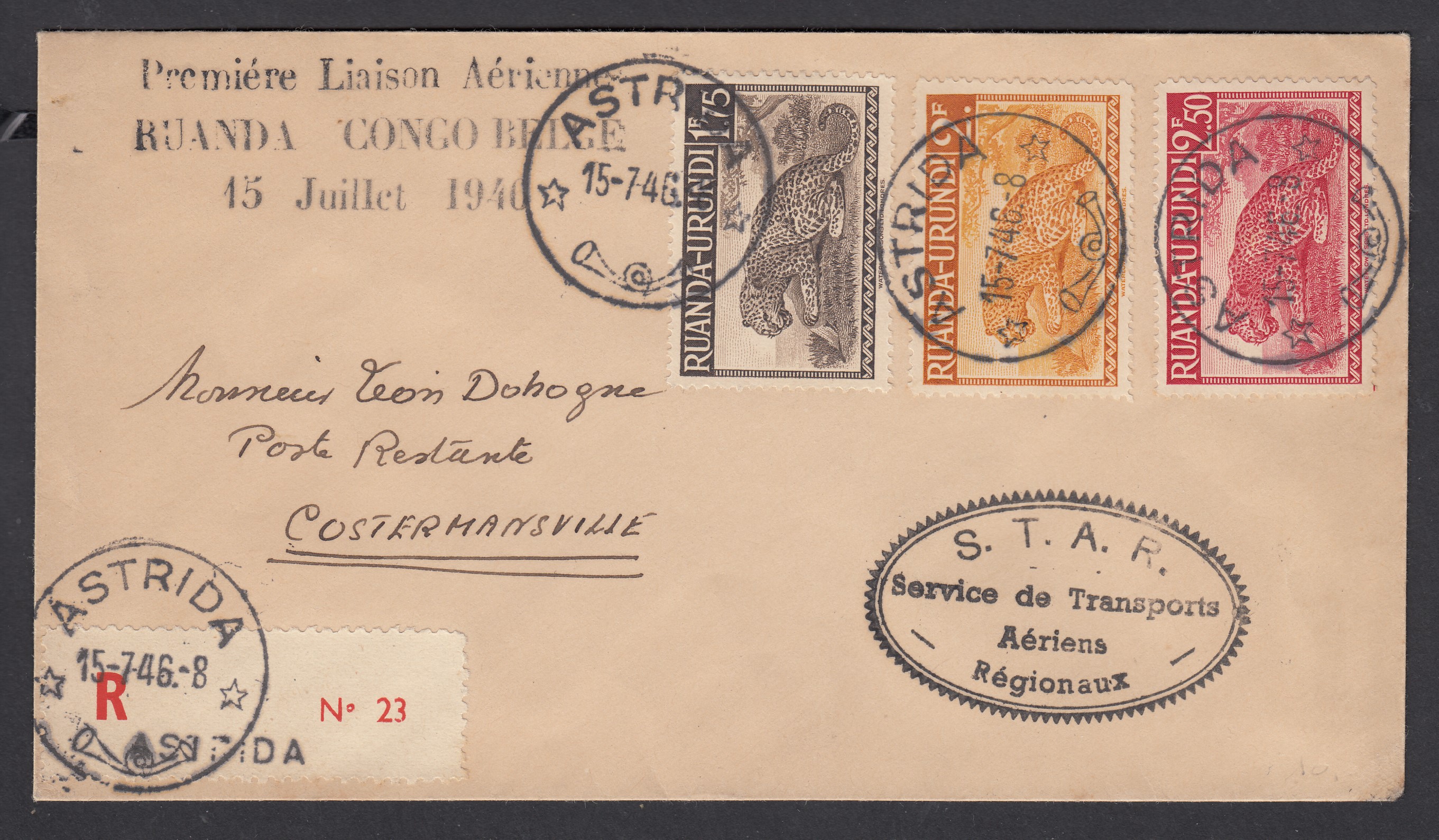 Ruanda-Urundi : 137/39 sur lettre en recommandé par avion ( 1ere Liaison aérienne RUANDA /CONGO BELGE) d'Astrida le 15.7.1946 vers Costermansville. Càd au verso.