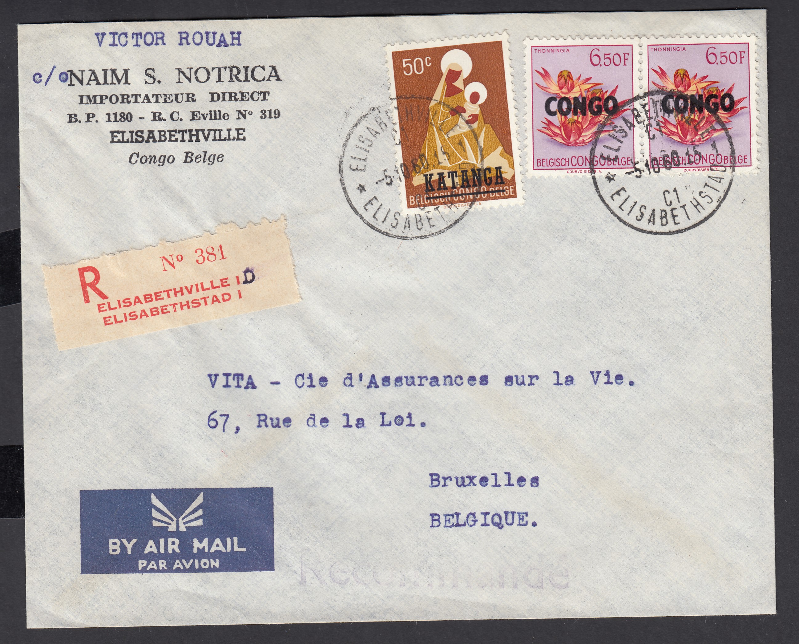 Affmt mixte Katanga 1 /Rép.du Congo 394 en paire sur lettre en recommandé par avion d'Elisabethville le 5.10.1960 vers BXL