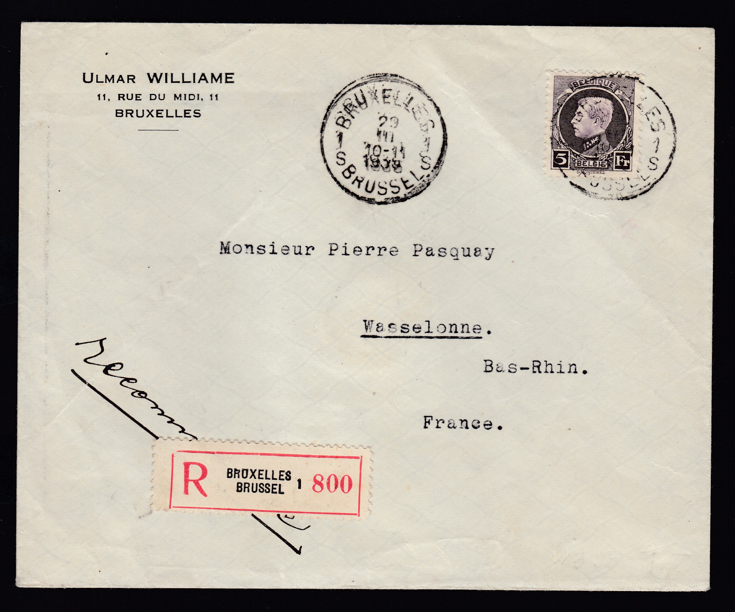 217 sur lettre en recommandé de BXL le 29.III.1938 vers Wasselonne, France. Càd au verso.