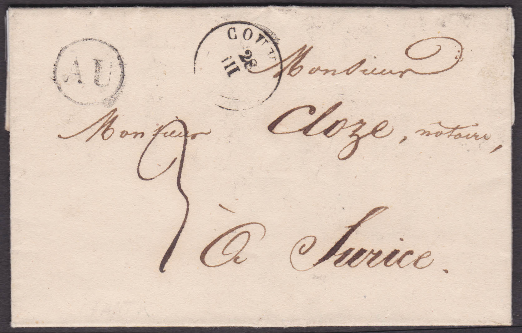 LAC obl T 18 Couvin 28/3/1840, boite AU de Frasnes sur LAC vers Surice.Port 3 décimes.