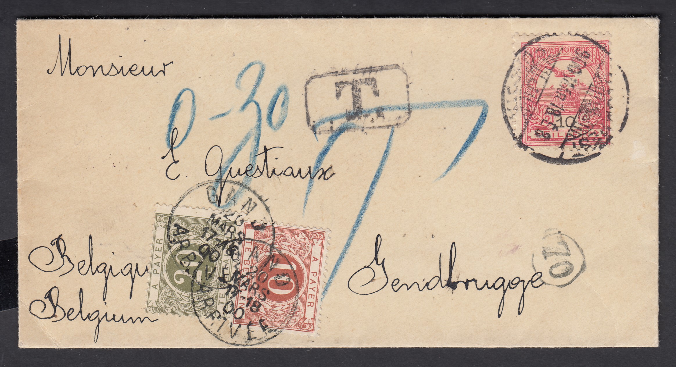 Lettre en provenance de l'Empire Austro-Hongrois ( Affmt de 10Fi), le 18 mars 1900 vers Gendbrugge. Taxée 30c à l'arrivée par Tx4 +Tx6.