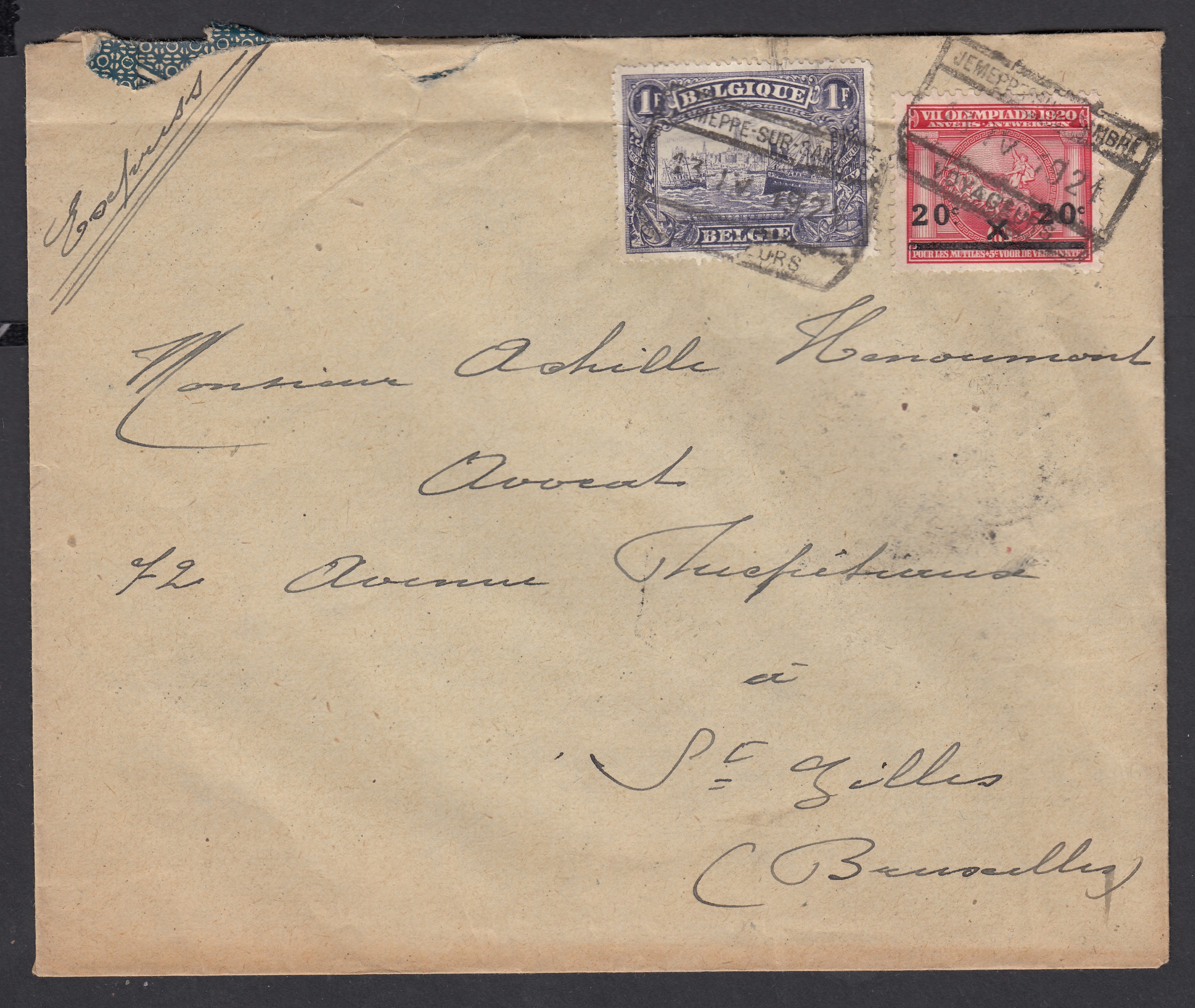 145 +185 sur lettre en exprès de Jemeppe-sur-Sambre ( Cachet rectangulaire des C.F.)  le 13.IV.1921 vers St-Gilles BXL. Cachet rectangulaire des C.F. d'arrivée au verso.