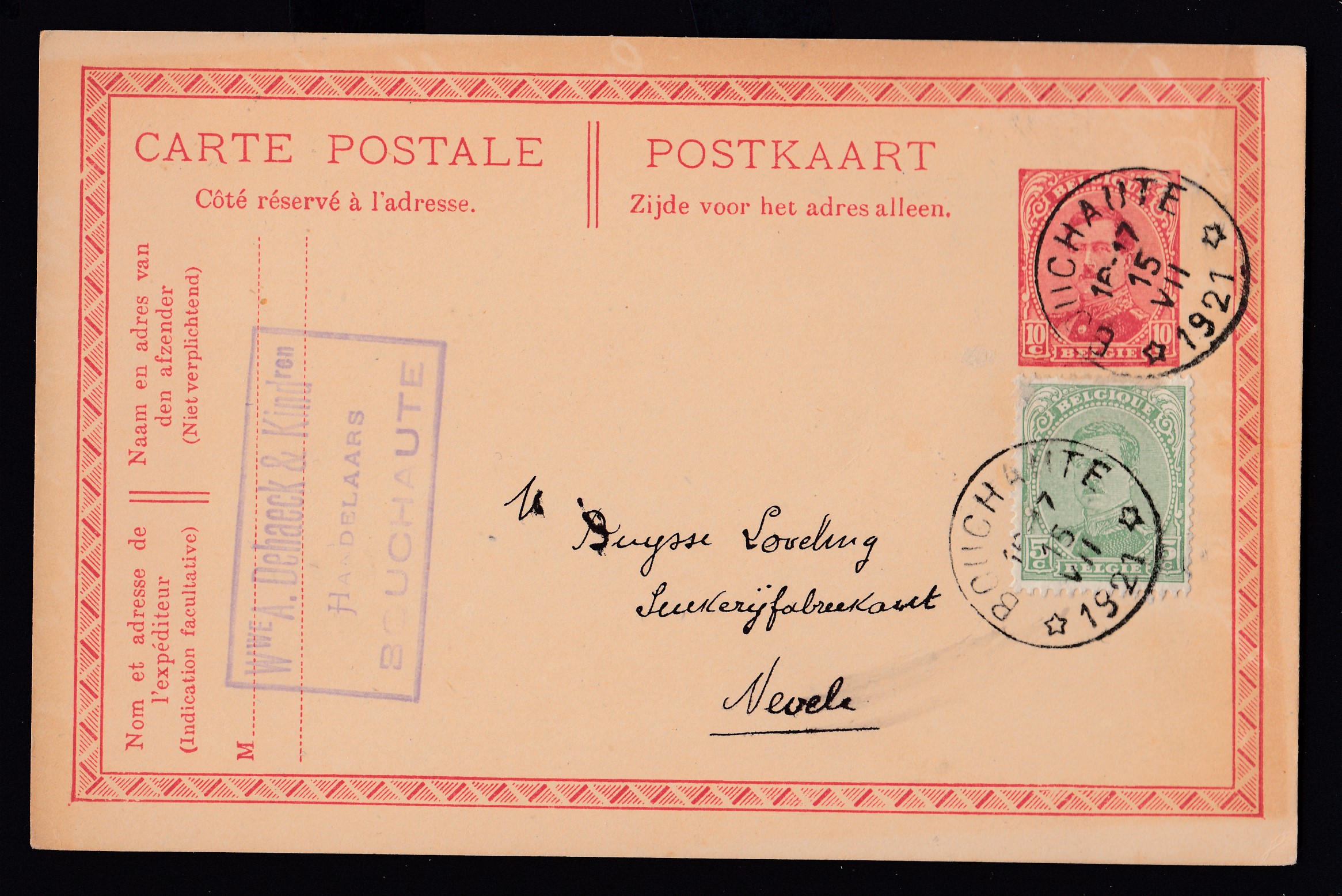 137 sur Ep10c type «  Emission de 1915 -Tp 138 » du relais de Bouchaute le 15.VII.1921 vers Nevele.