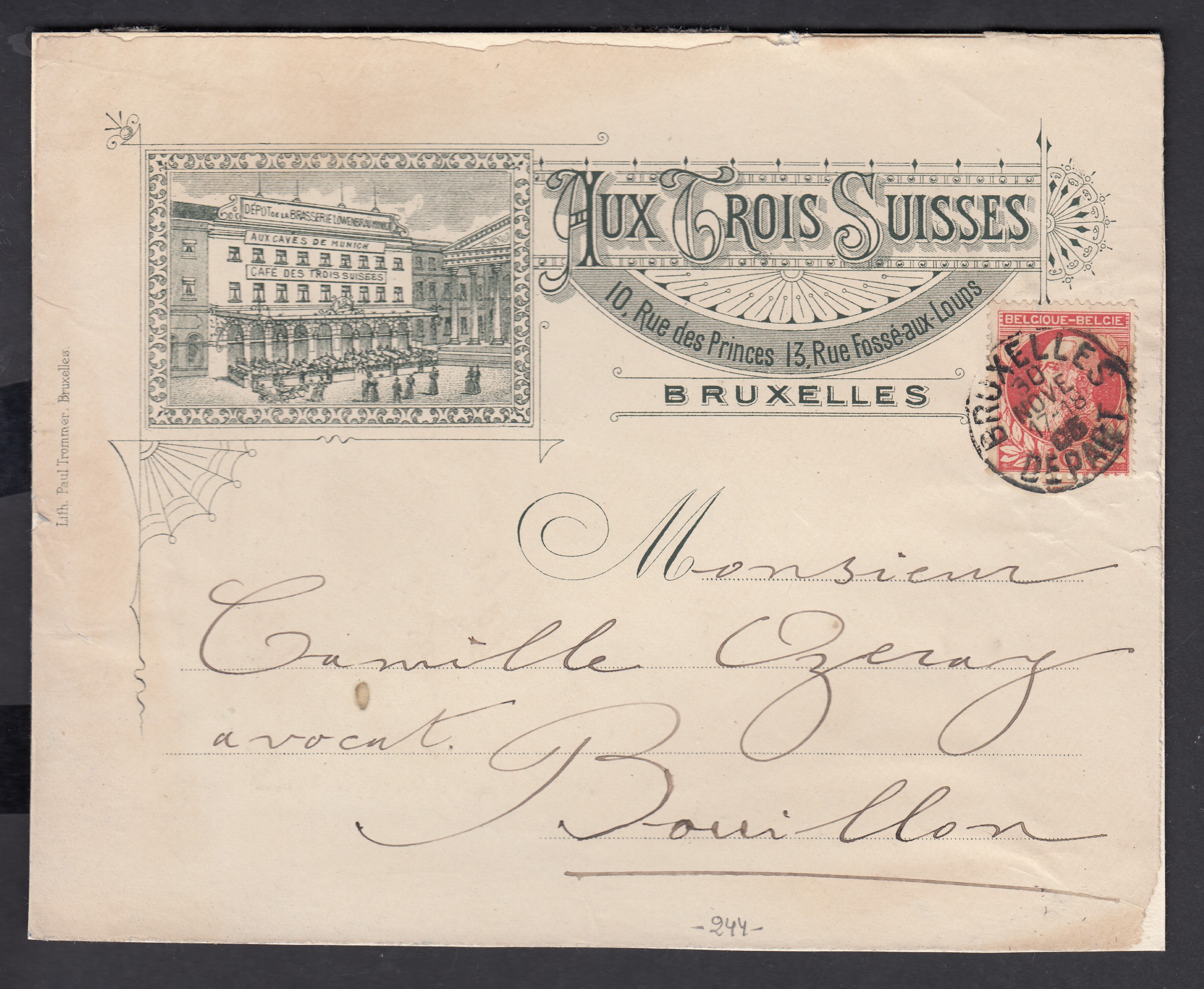 74 sur lettr à entête commerciale illustrée « Aux Trois Suisses », de BXL le 30 NOV 1905 vers Bouillon. Càd au verso.