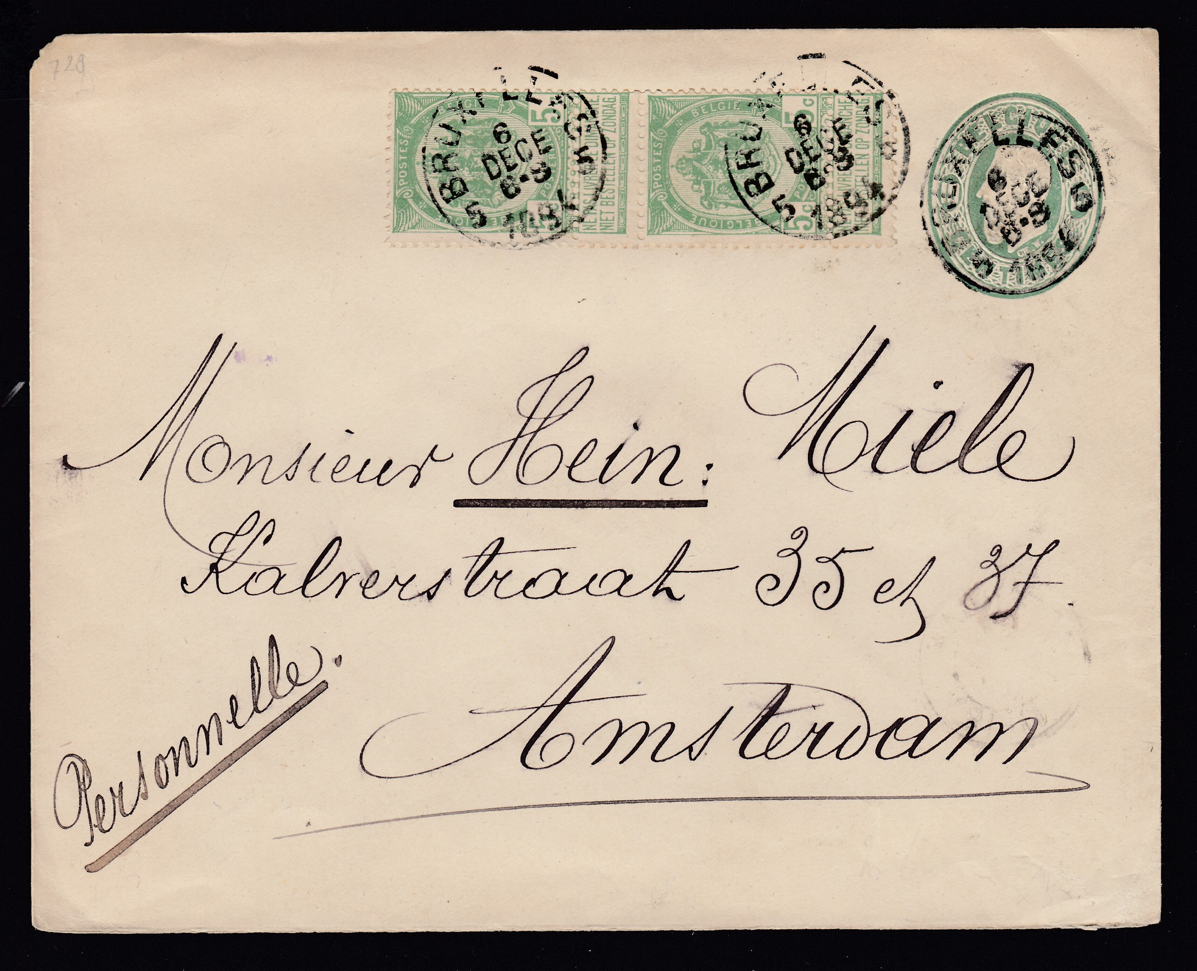 56 en paire verticale sur Ep10c type « Léopold II dans un ovale » de BXL 5 le 6 déc 1894 à destination d'Amsterdam. Càd au verso.