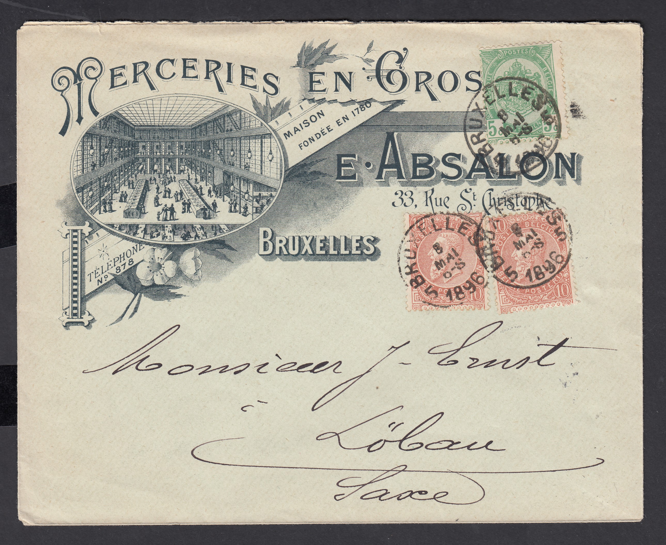 56 +57x2 sur lettre à entête commerciale illustrée « Mercerie en Gros » de BXL le 5 mai 1896 vers Löbau, Saxe. Càd au verso.