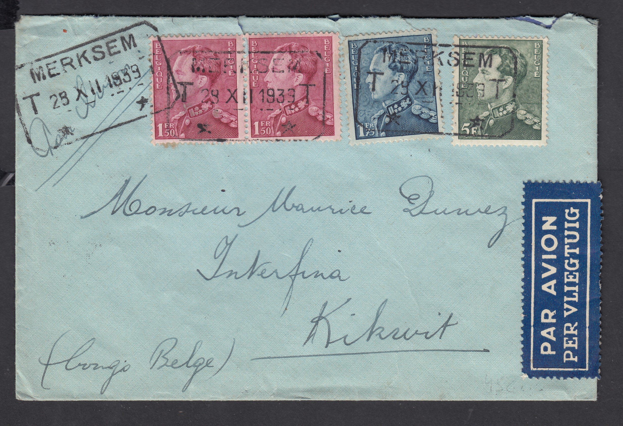 429 en paire +430 +433 sur lettre par avion de Merksem ( Cachet rectangulaire des C.F.)  le 29.XII.1939 vers Kikwit, Congo Belge. Càd au verso.