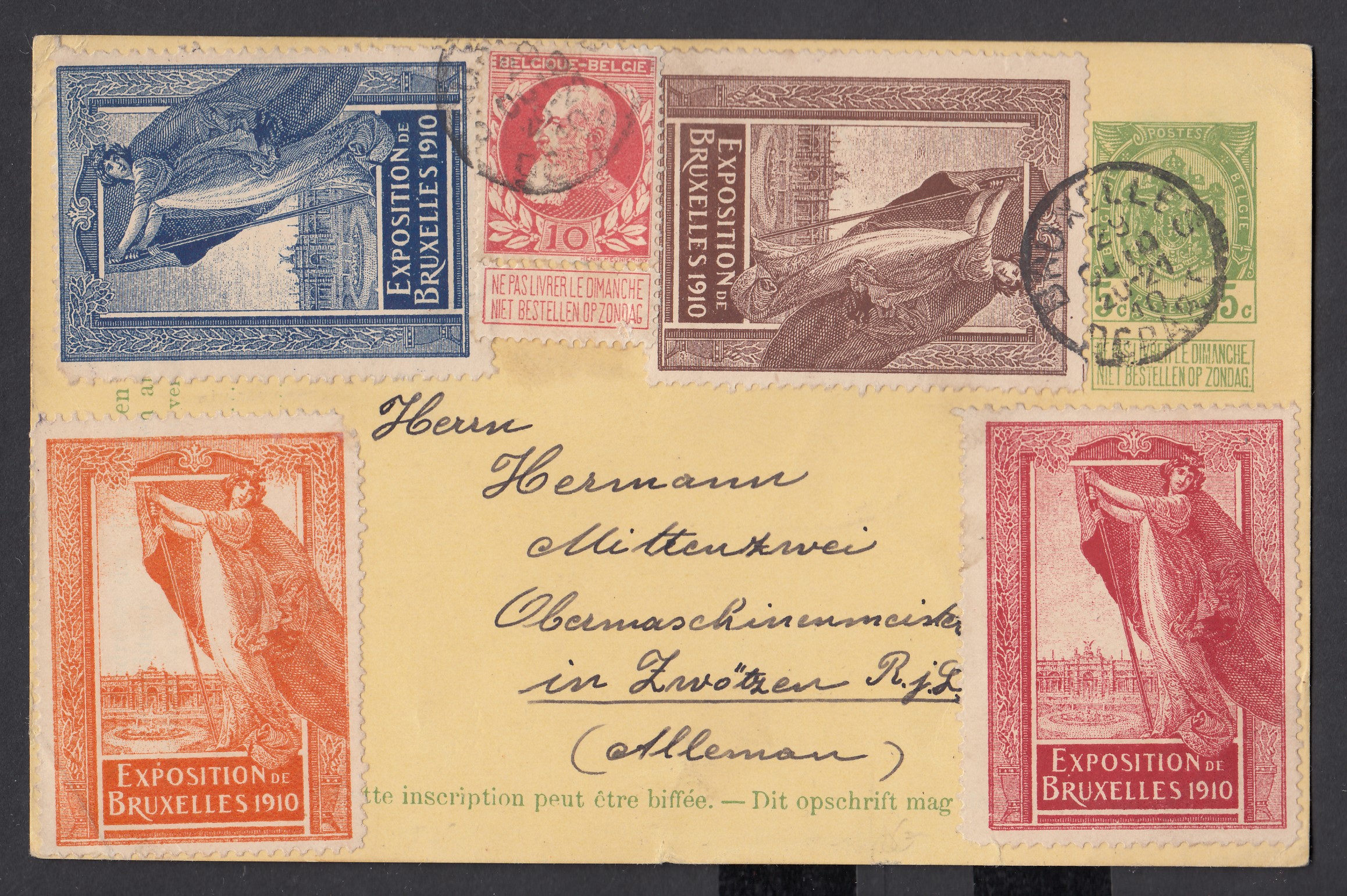74 +4 vignettes « Exposition BXL 1910 » sur Ep5c type Tp 83, de BXL le 29 oct.1910 vers l'Allemagne.