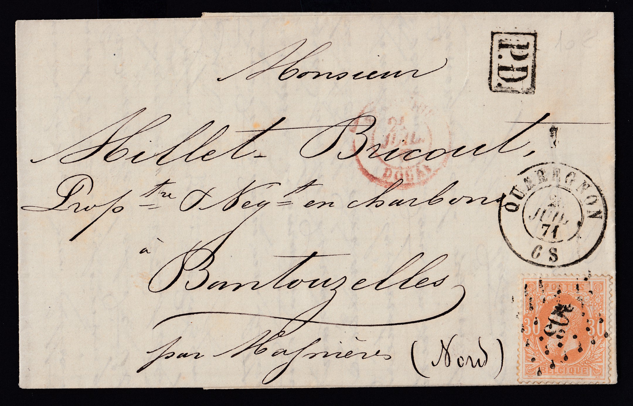 33 sur LAC ( Charbons et Cokes /HILAIRE MALENGRAUX) de Quaregon (Lp le 20 juillet 1871 vers la France. Càd au verso.