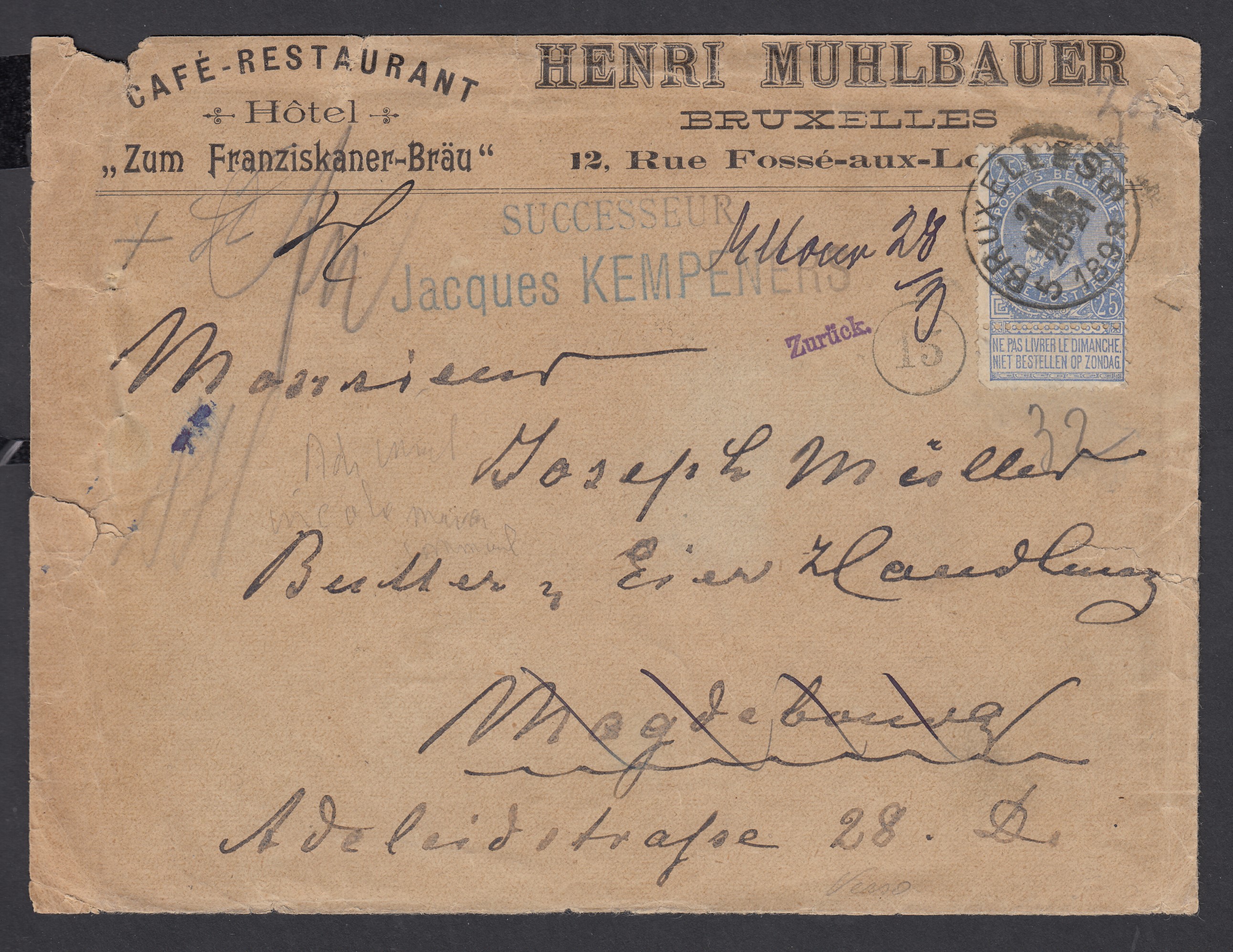 60 sur lettre à entête commerciale « Café Restaurant Hôtel » de BXL le 24 mars 1898 vers Magdeburg. 2 étiquettes allemandes au verso et retour.