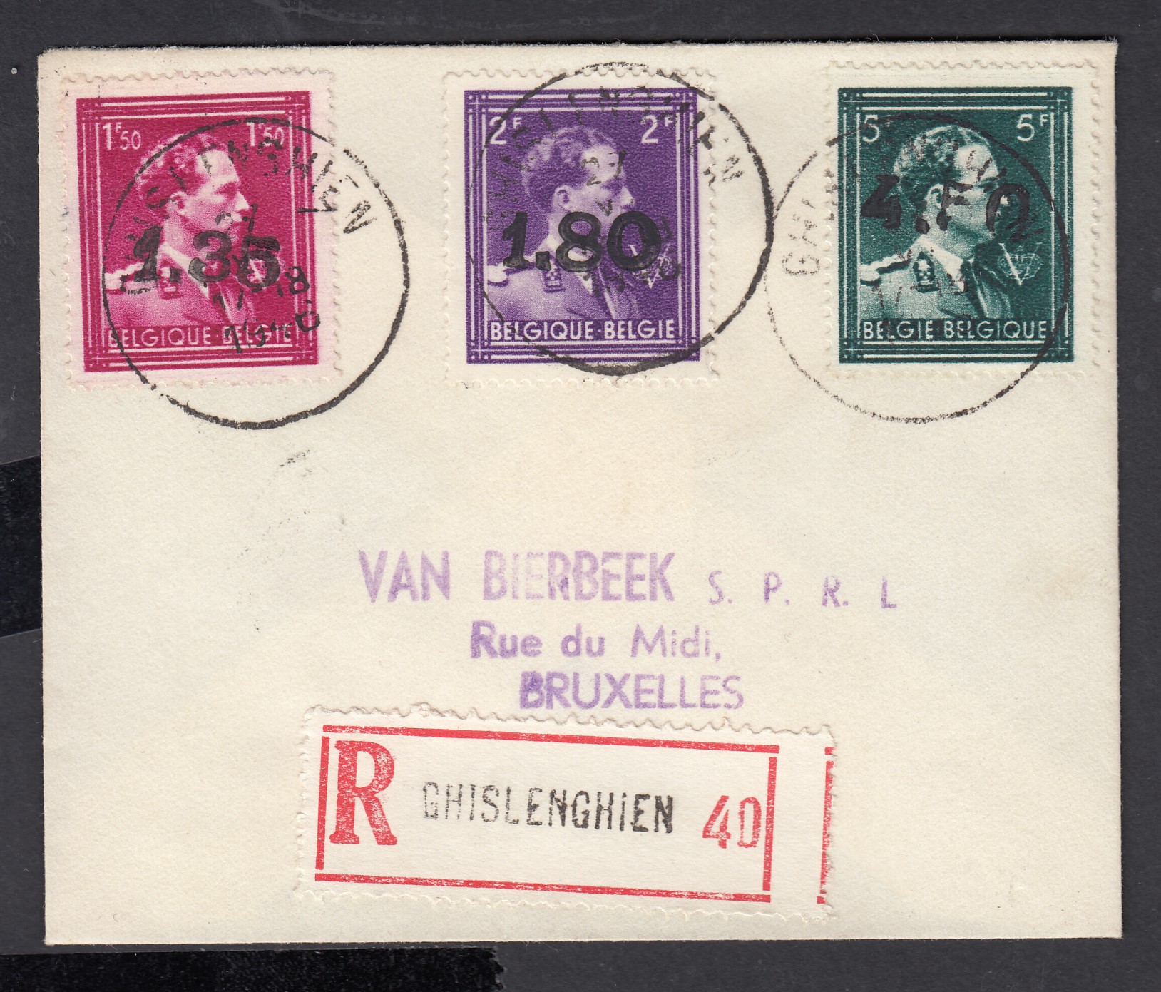 724AA/CC sur lettre en recommandé de Ghislanghien en 1946 vers BXL.