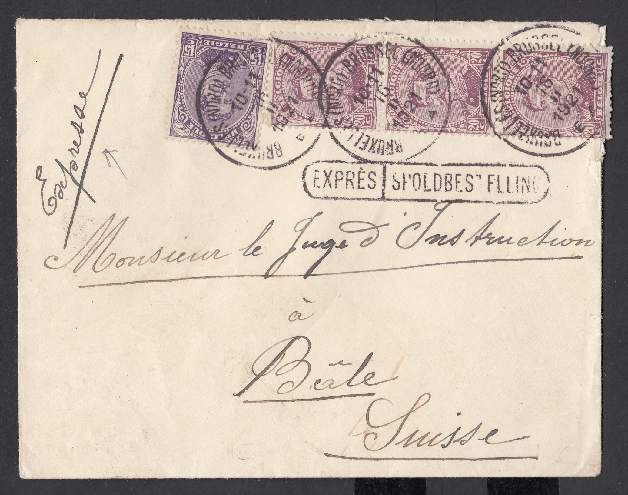 139 +140 en bande de 3 verticale sur lettre en exprès de BXL le 16.II.1921 vers Bâle. Càd au verso.