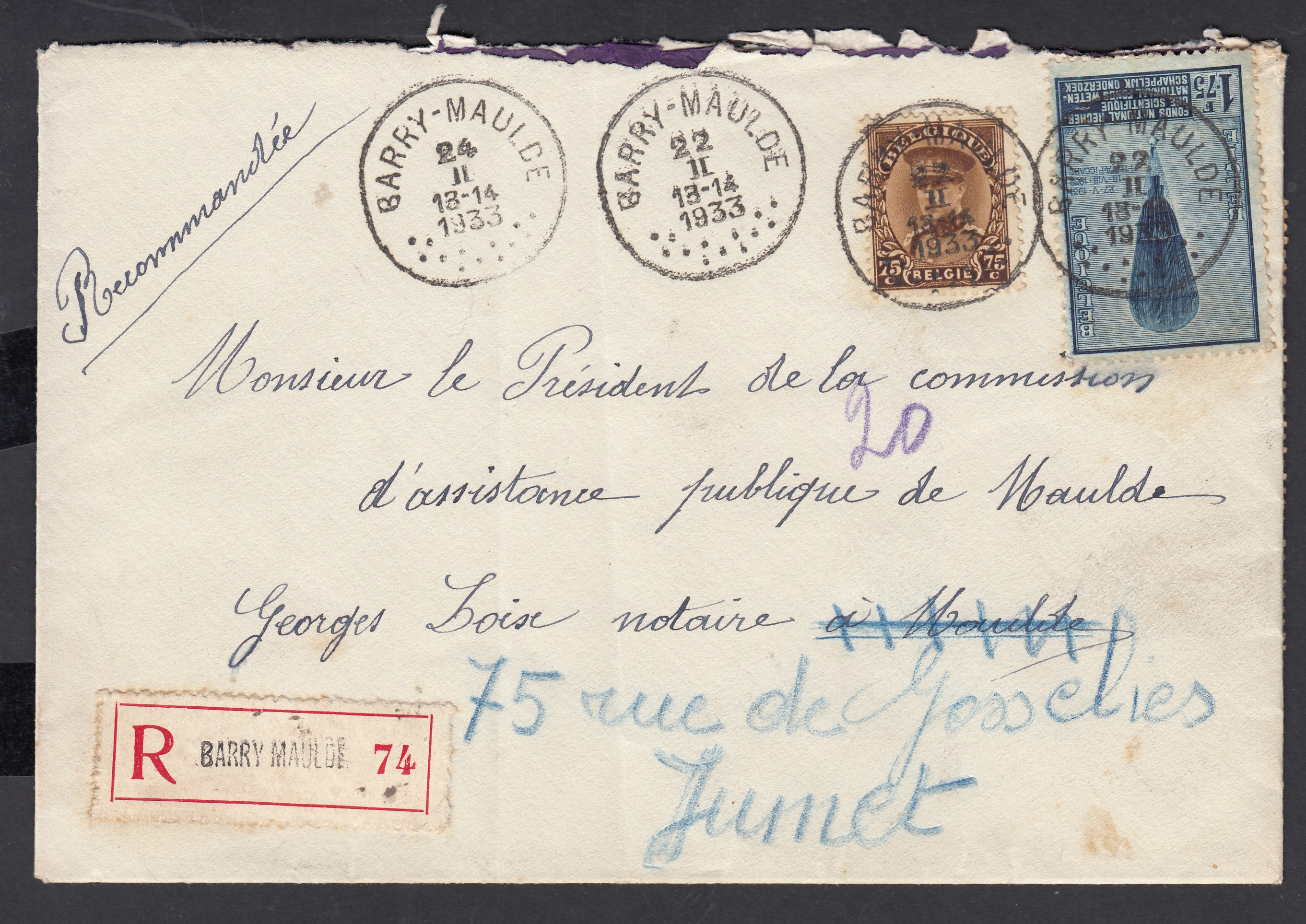 341 +354 sur lettre en recommandé de Barry-Maulde le 22.II.1933 vers Maulde et retour ( Càd « Barry-Maulde » le 24 au recto & verso). Révers Jumet.