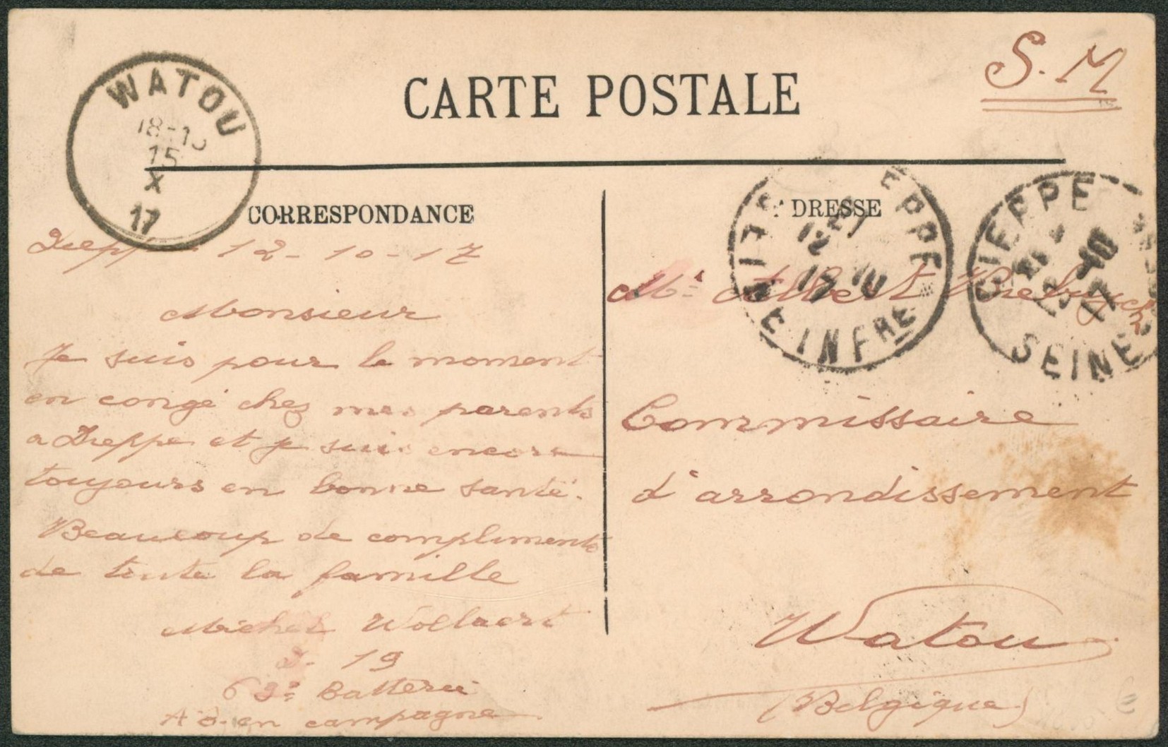 CP en S.M. expédié de Dieppe (France) le 12.10.17 > Commissaire d'arrondissement de Watou (territoire non envahi).