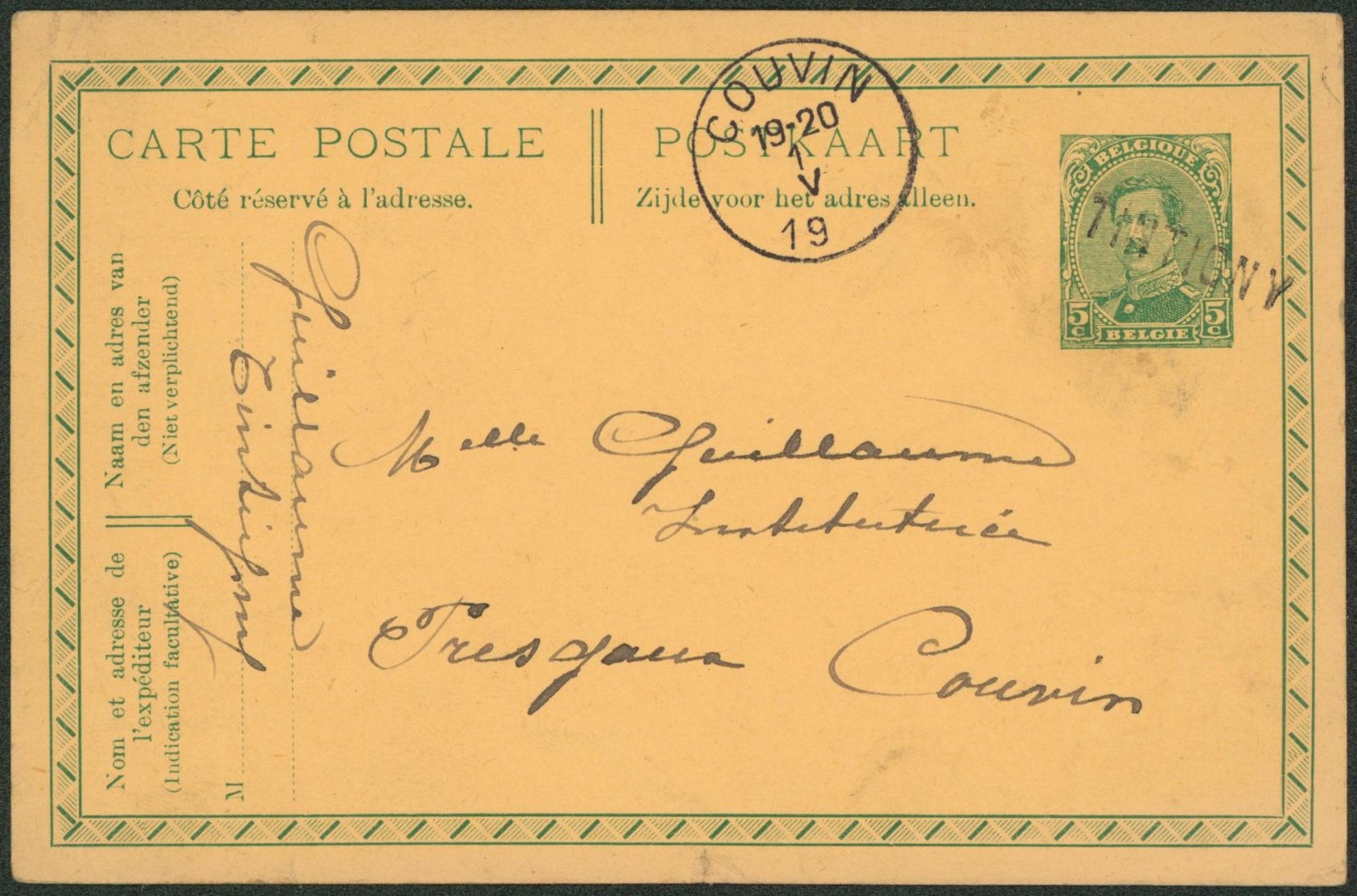 EP au type 5ctm vert Albert I annulé par griffe de fortune TINTIGNY > Couvin. 