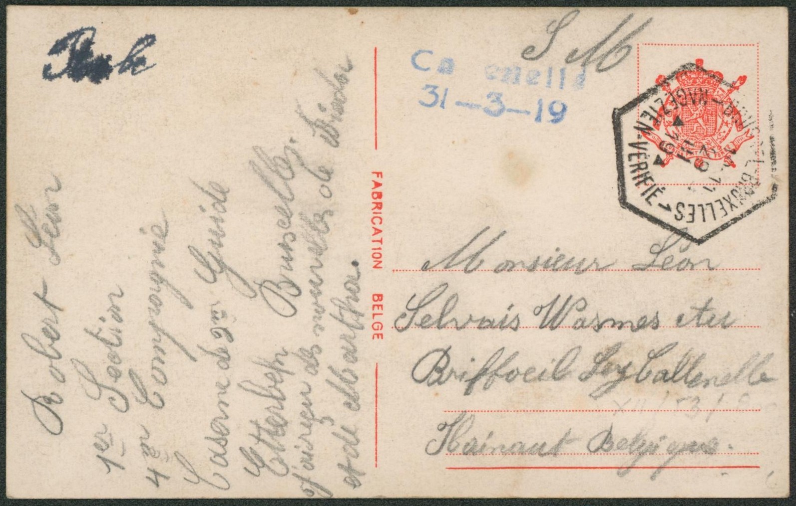 CP en S.M. + cachet de fortune hexagonal "Brussel-Bruxelles / Nagezien-vérifié" > Callenelle çàd arrivée griffe de fortune bleue CALLENELLE 31-3-19"