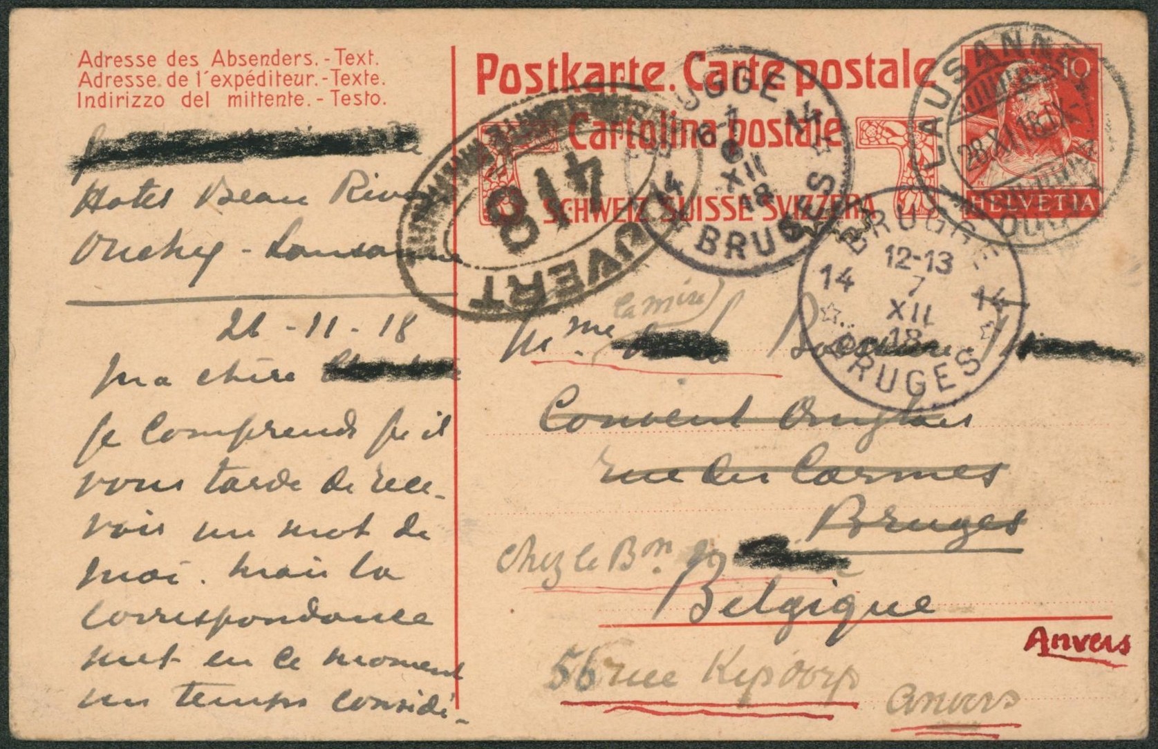 Suisse - EP au type 10C expédié de Lausanne (Hotel Beau Rives) + censure > Bruges çàd cachet agence de fortune "Brugge / Bruges 14" redirigé vers Anvers"