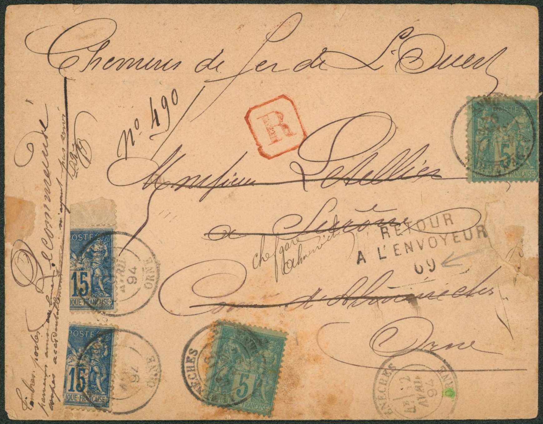 France - Type sage çàd 5ctm x2 et 15xtm x2 (deux demis-timbres !) sur lettre en recommande de Almenèches, chemin de fer de l'ouest > Almenèches. Refusé, retour à l'envoyeur. 