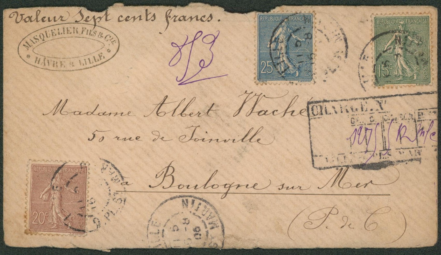 France - Semeuse affranch. Tricolore sur lettre assuré (valeur sept cents francs, 700) de Lille / Pl. St. Martin > Boulogne sur mer. Petit manque de papier au verso. 