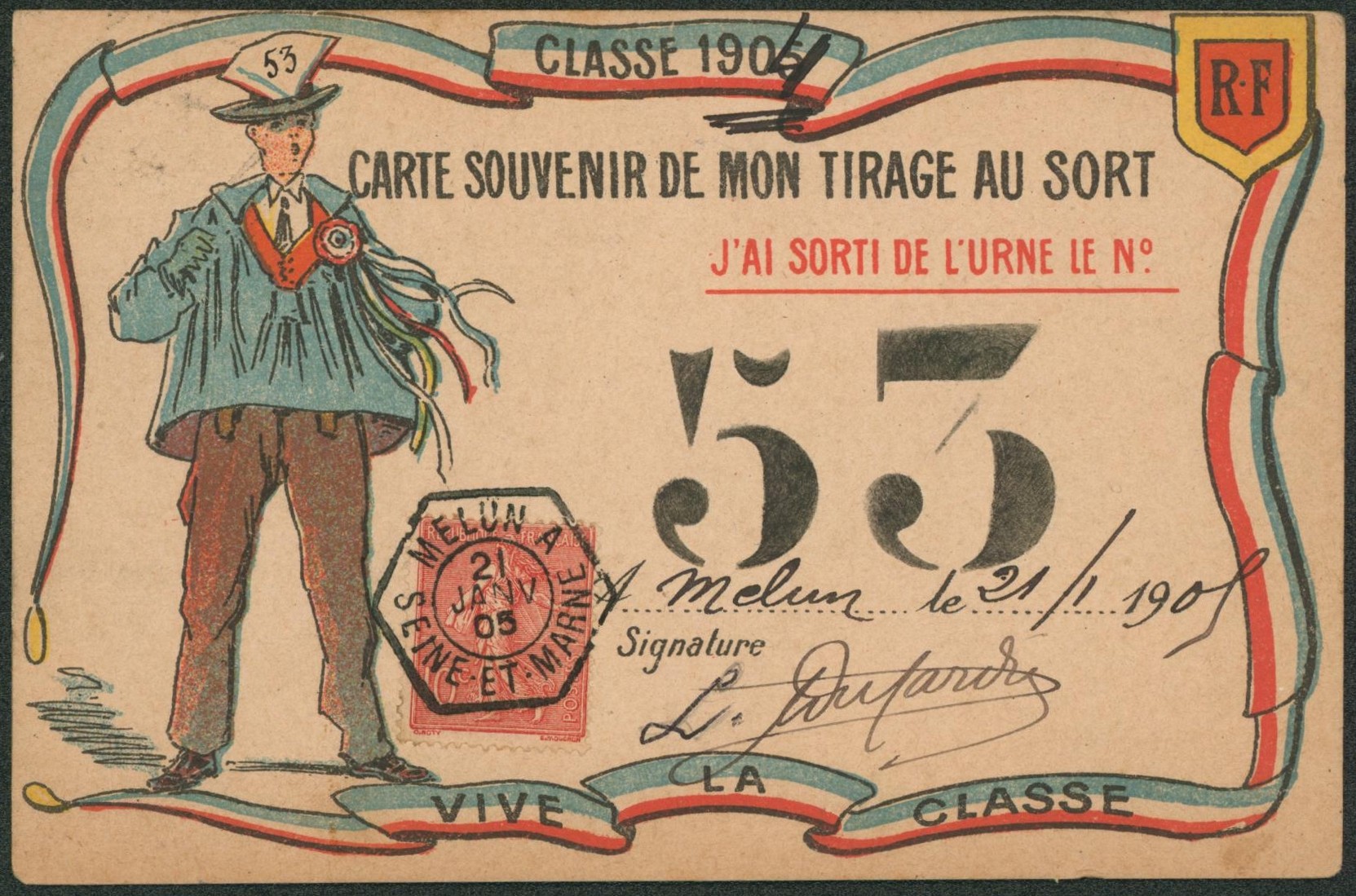 France - Semeuse 10ctm sur carte postale illustrée (carte souvenir de mon tirage au sort, classe 1904) + cachet hexagonal "Melun à Seine et marne" > Paris. Superbe frappe"