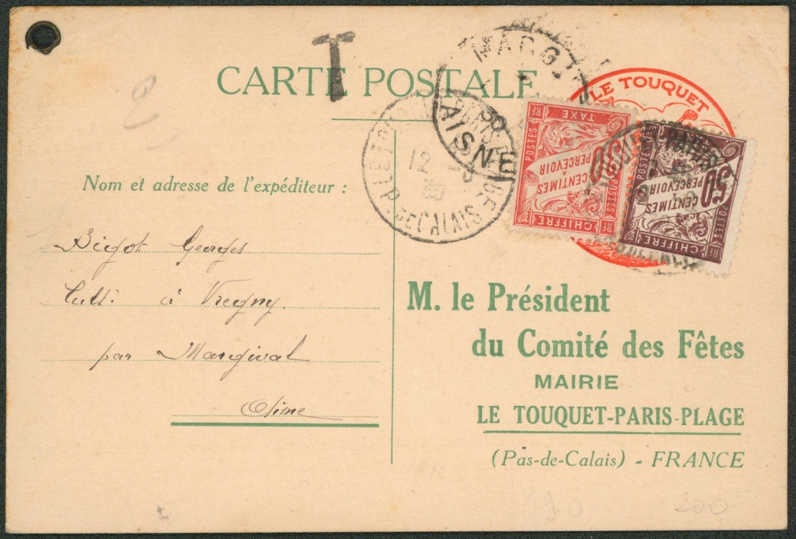 France - CP par ballon du Comité des Fêtes du Touquet - atterrissage à Margival (Aisne), taxée avec n°33 et 37. TB état 