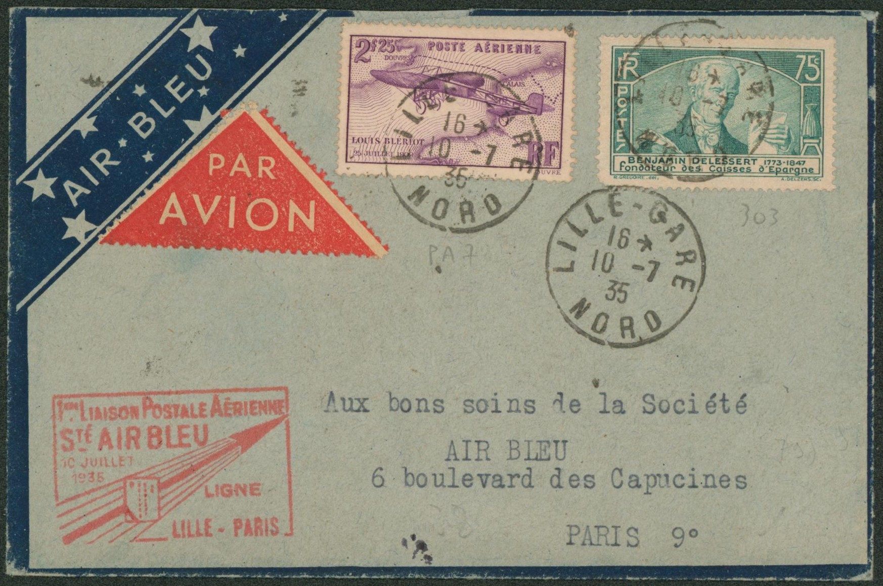 Yv n°PA7 + n°303 sur lettre par avion 1er liaison postale aérienne Sté Air Bleu Lille-Paris 10 juillet 1935
