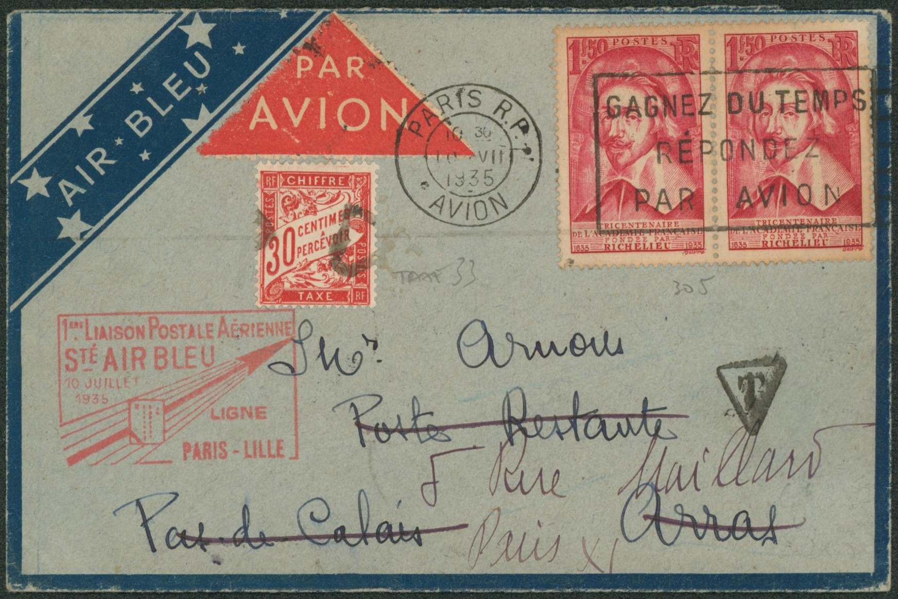 Yv n°305 x2 sur lettre par avion 1er liaison postale aérienne Sté Air Bleu Paris-Lille 10 juillet 1935 çàd poste restante à Arras, taxé à 30ctm redirigé vers Paris 