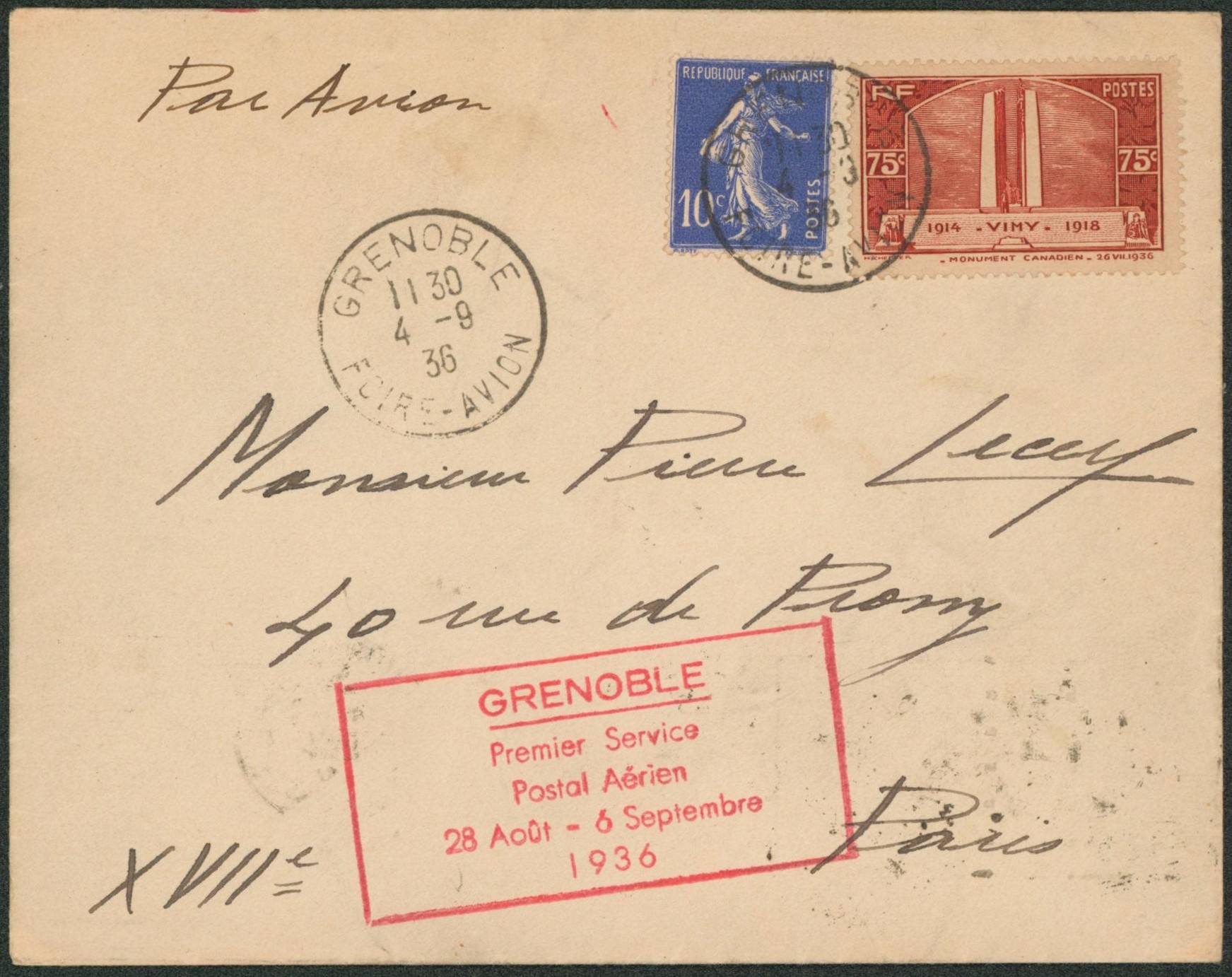 Yv n°278 et 316 sur lettre par avion + encadré rouge "Grenoble / premier service postal aérien 28 aout - 6 septembre 1936" > Paris. "