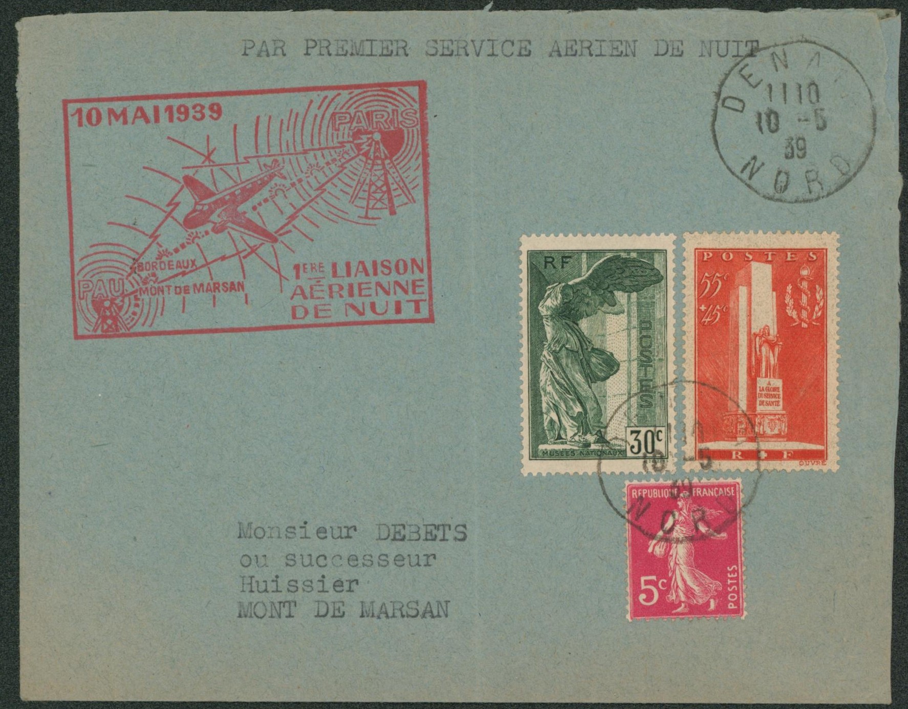 Yv n°278B, 354 et 395 sur lettre par avion premier service aérien de nuit 10 mai 1939, de Denain (Nord) > Mont de marsan