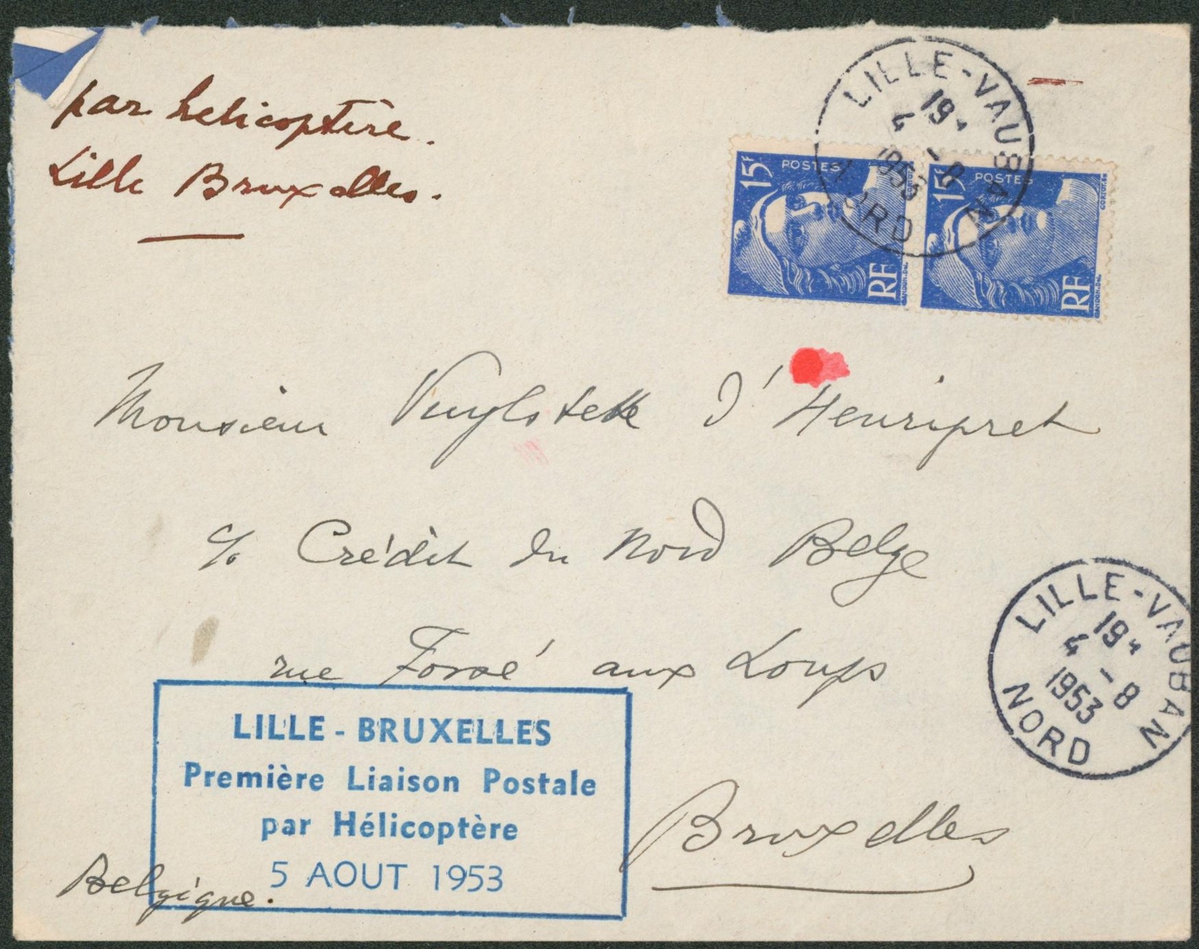 France - Affranch. 15F x2 sur lettre par hélicoptère Lille - Bruxelles çàd encadré bleu. 