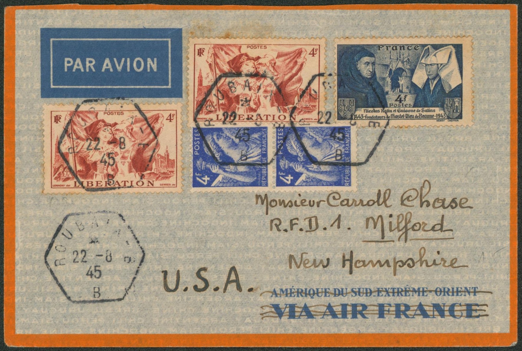 France - Affranch. Mixte sur lettre par avion de Roubaix > Milford, New Hampshire (USA)