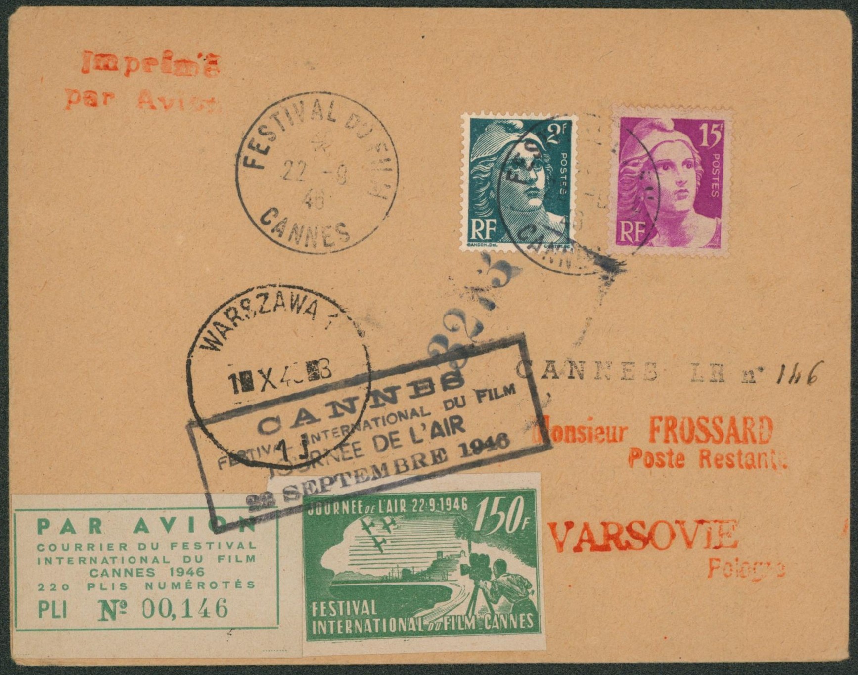 Yv n°713 et 727 sur lettre imprimé par avion + vignette non dentelé x2 "Par avion courrier du festival international du film CANNES 1946 plis numérotés" > Varsovie (Pologne). TB "