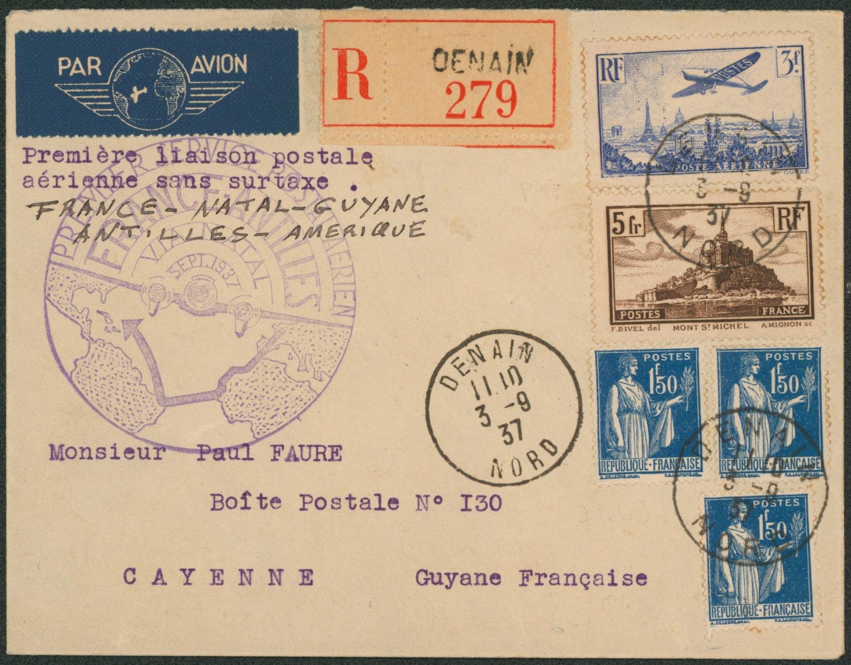 Yv n°260, 288 x3 et PA9 sur lettre par avion "première liaison postale aérienne sans surtaxe" en recommandé de Denain (Nord) > Cayenne (Guyane française) "