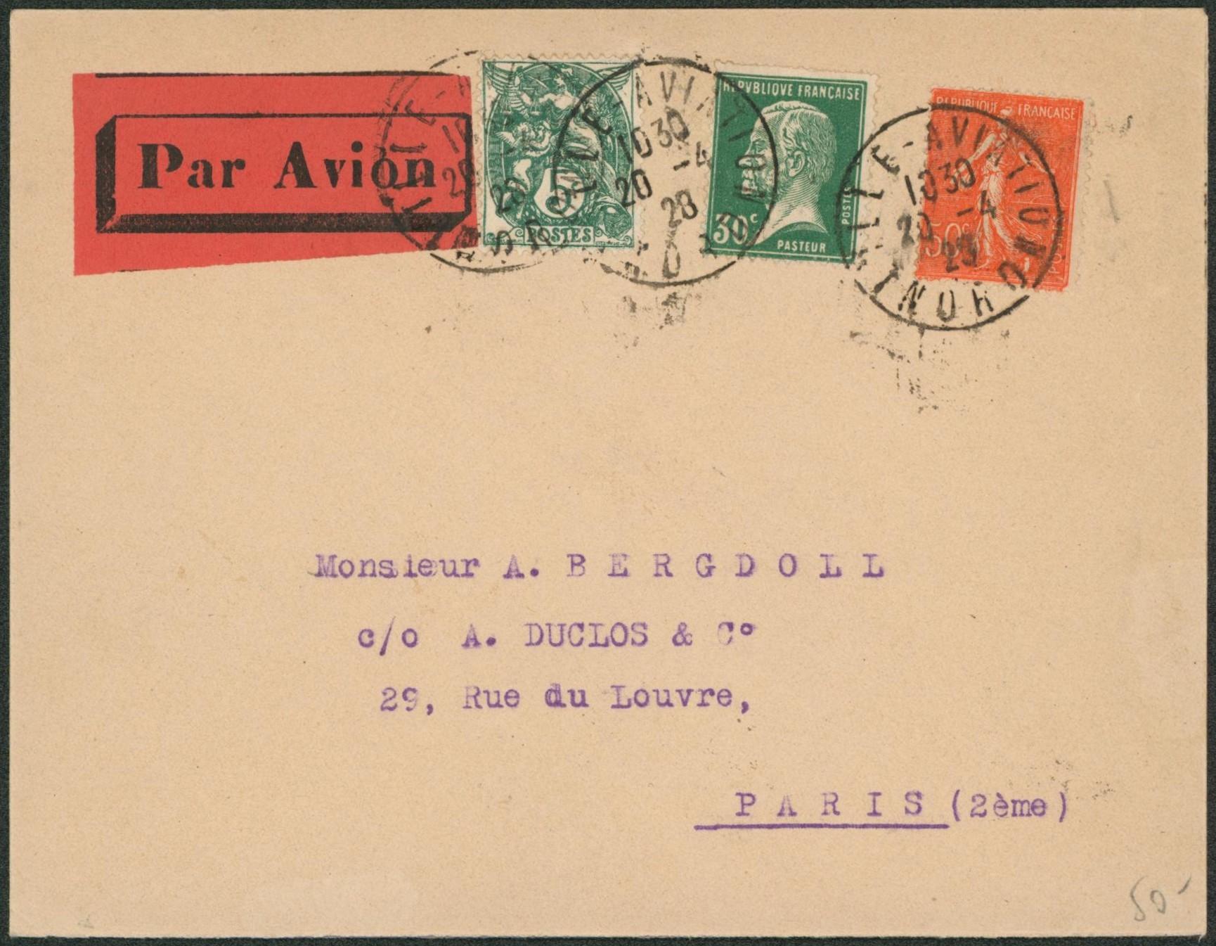 Affranch. Mixte sur lettre par avion de Lille-aviation (cachet temporaire) > Paris 