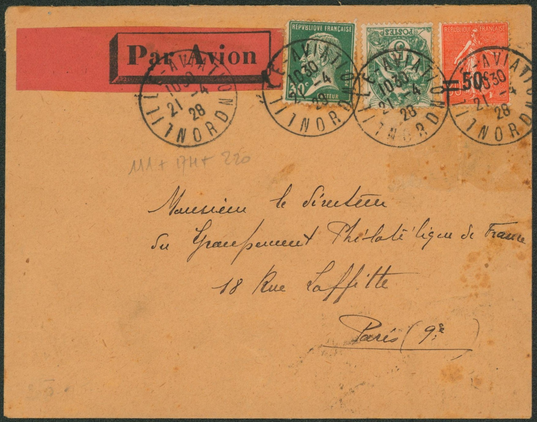 Affranch. Mixte sur lettre par avion de Lille-aviation (cachet temporaire) > Paris 