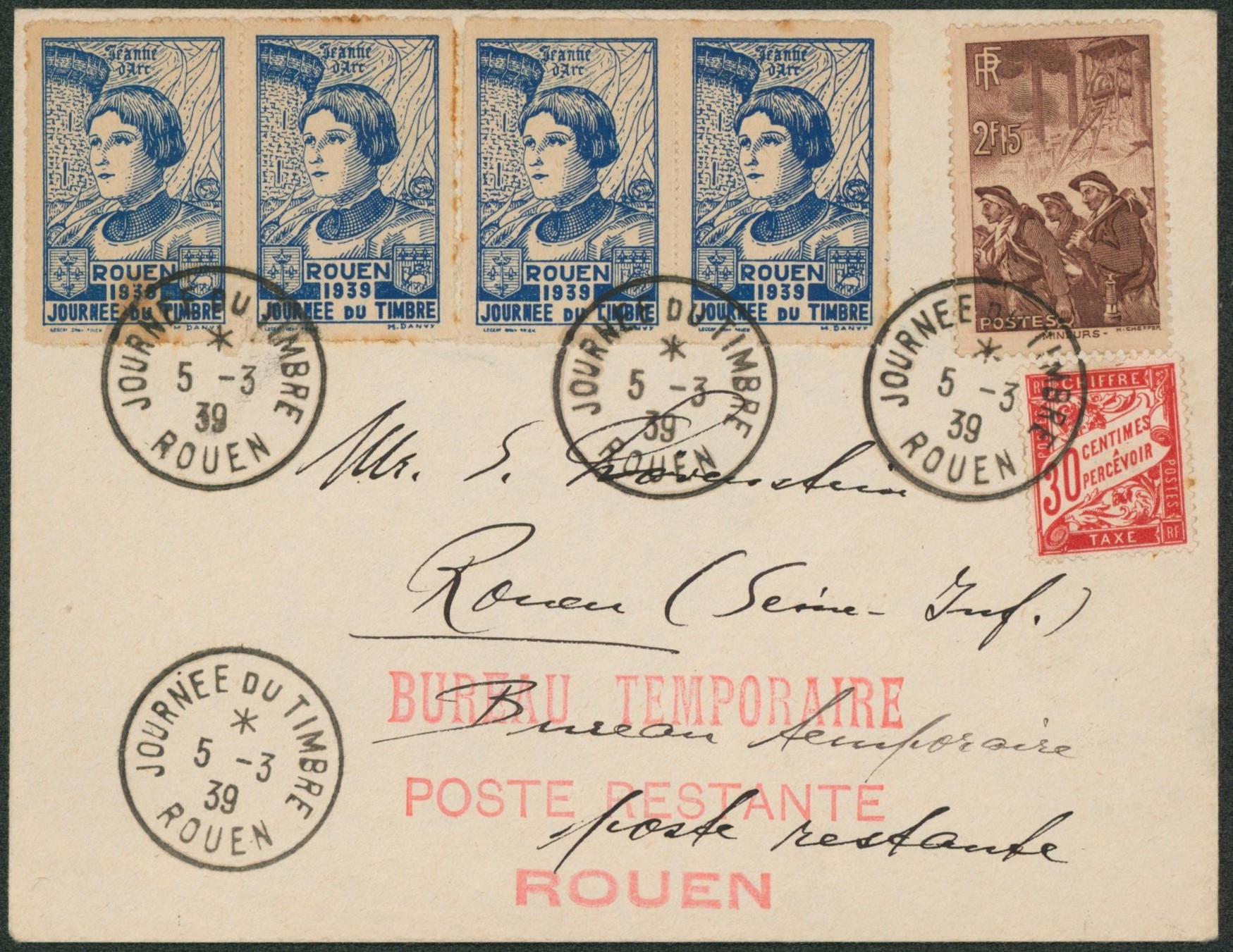 France - Affranch. Mixte sur lettre Journée du timbre / Rouan (1939) + griffe rouge BUREAU TEMPORAIRE POSTE RESTANTE ROUAN