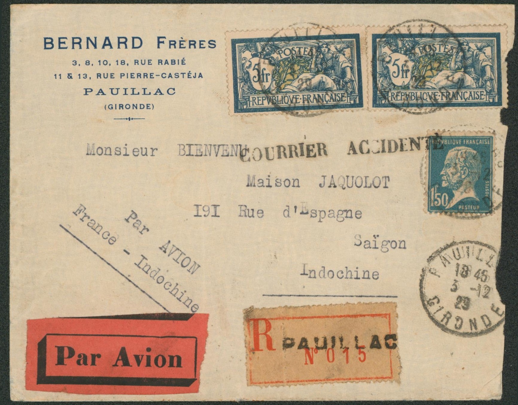 France - Yv n°181 et 123 x2 sur lettre par avion en recommandé de Pauillac > Saïgon (Indonchine) + griffe linéaire noir COURRIER ACCIDENTE 