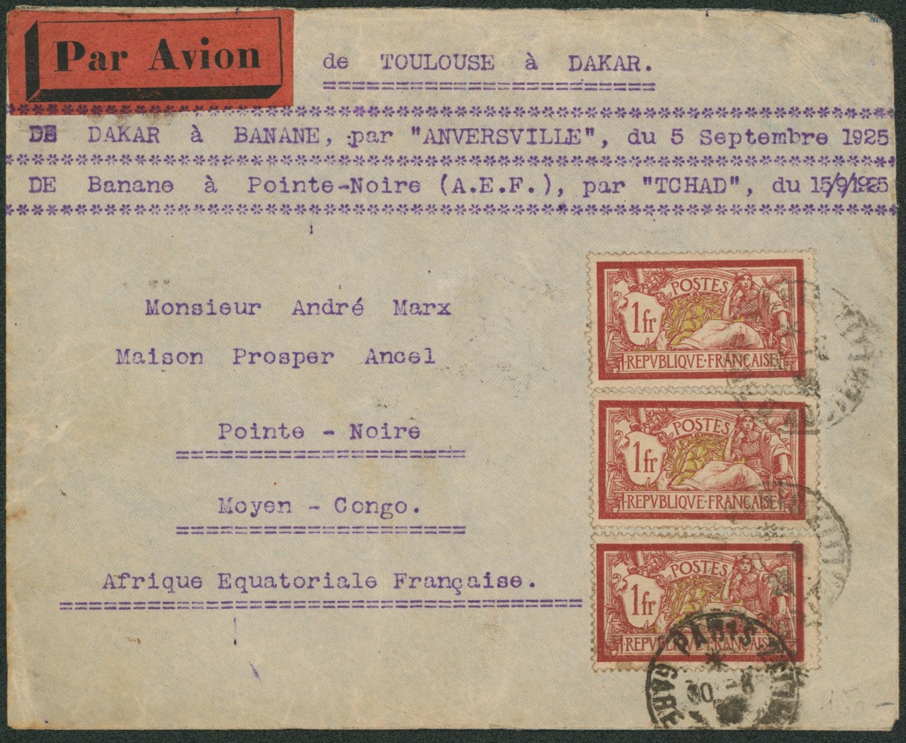 Yv n°121 x3 sur lettre par avion de Paris > Pointe-noire (moyen congo) + inscription de Dakar à Banane par Anversville (paquebot)