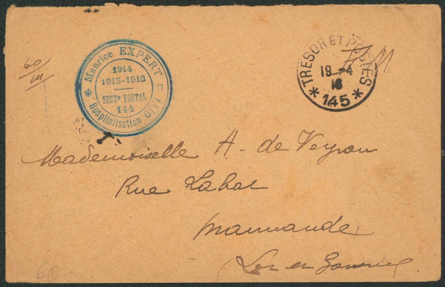 Lettre en F.M. + cachet trésort et poste 14 et cachet bleu "maurice expert / Hospitalisation 6/17 secteur postal 144" > Marmande"