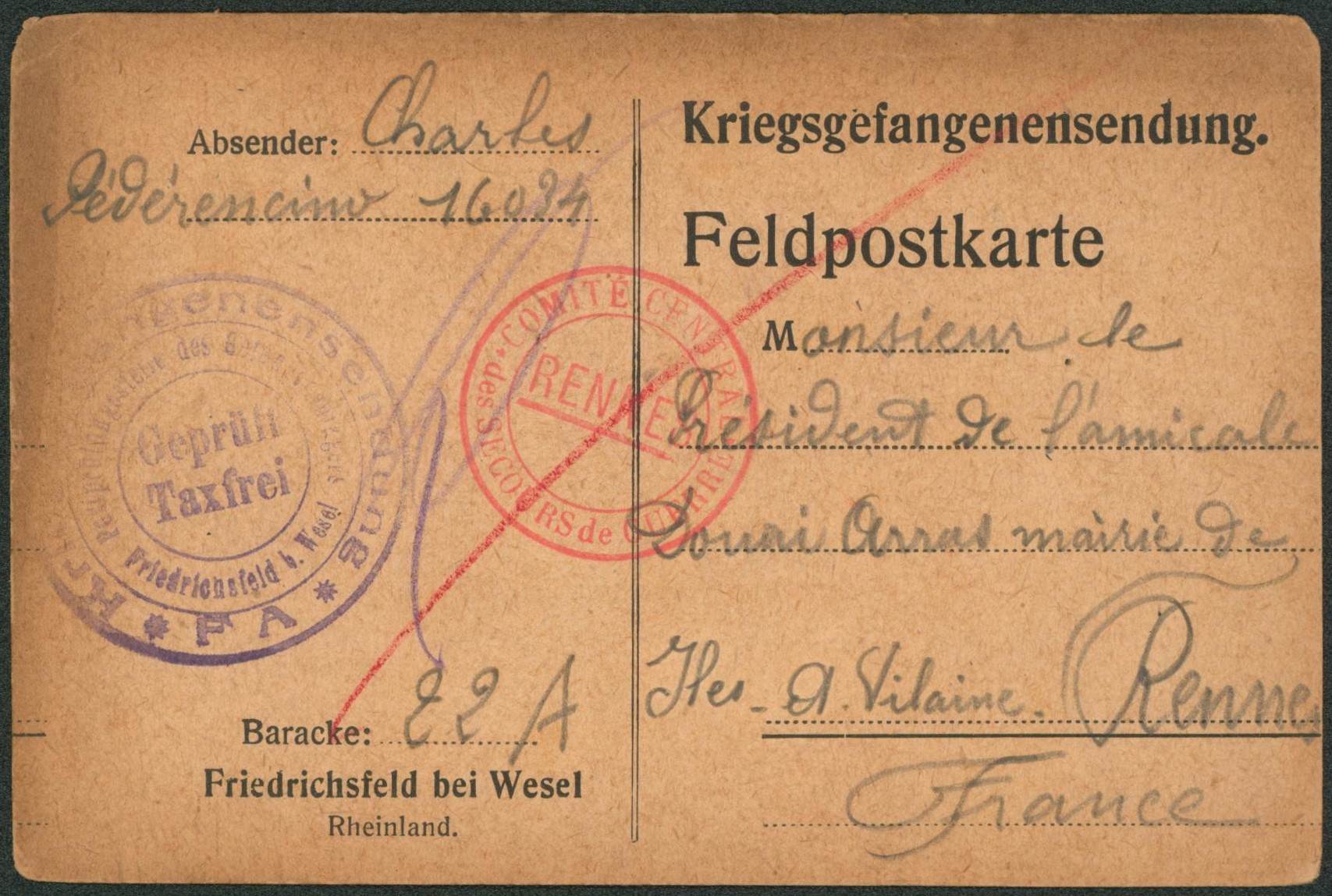 Feldpostkarte expédié du camp de Friedrichsfeld + gepruft TAXFREI > Renne çàd cachet rouge "comité central de secours de guerre / renne""