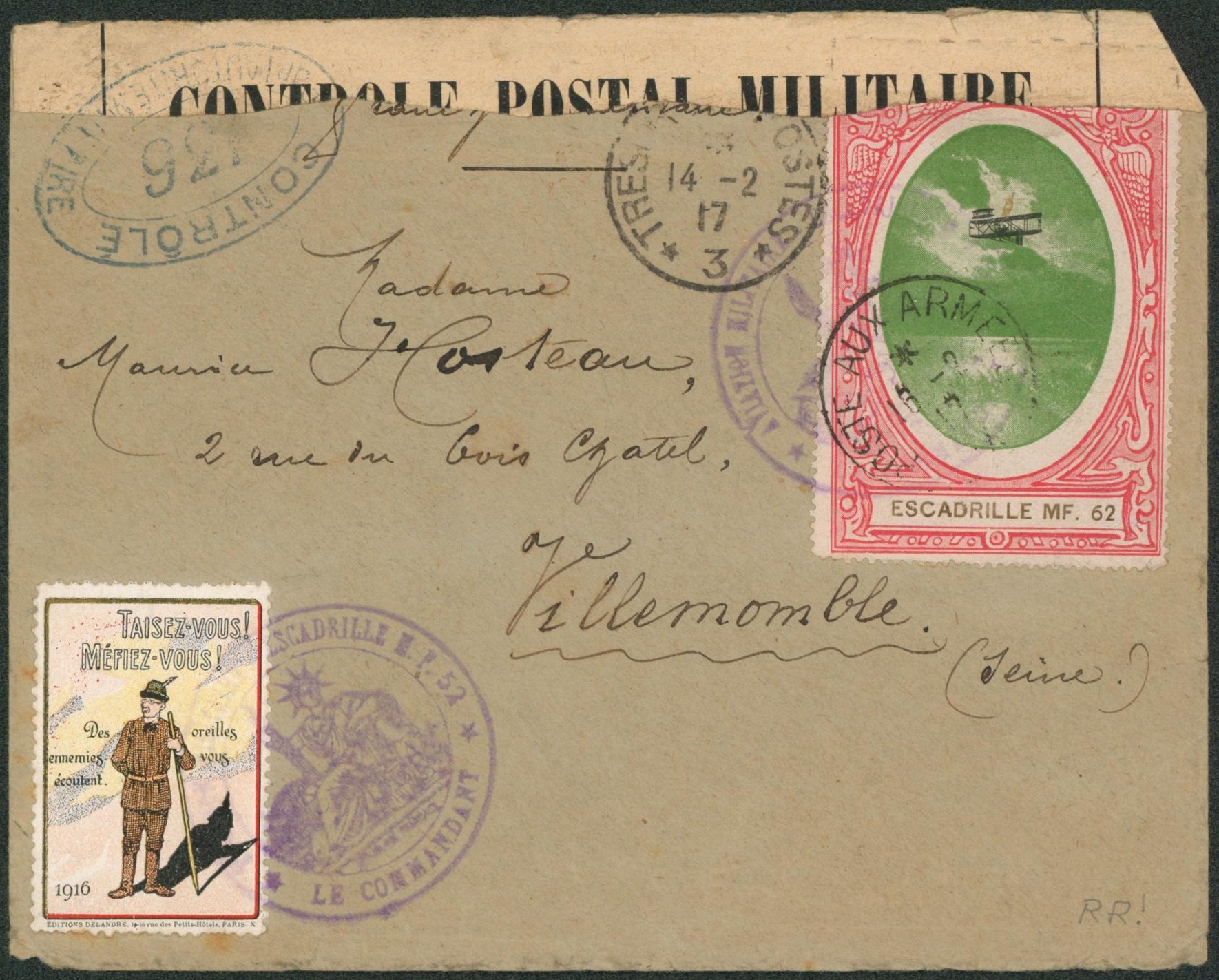 Lettre en F.M. expédié de l'escadrille E.F. 52 + vignette de propagande et vignette aérienne "Escadrille MF. 62", trésort et poste 3 > Villemoble çàd bandelette de contrôle. RR "
