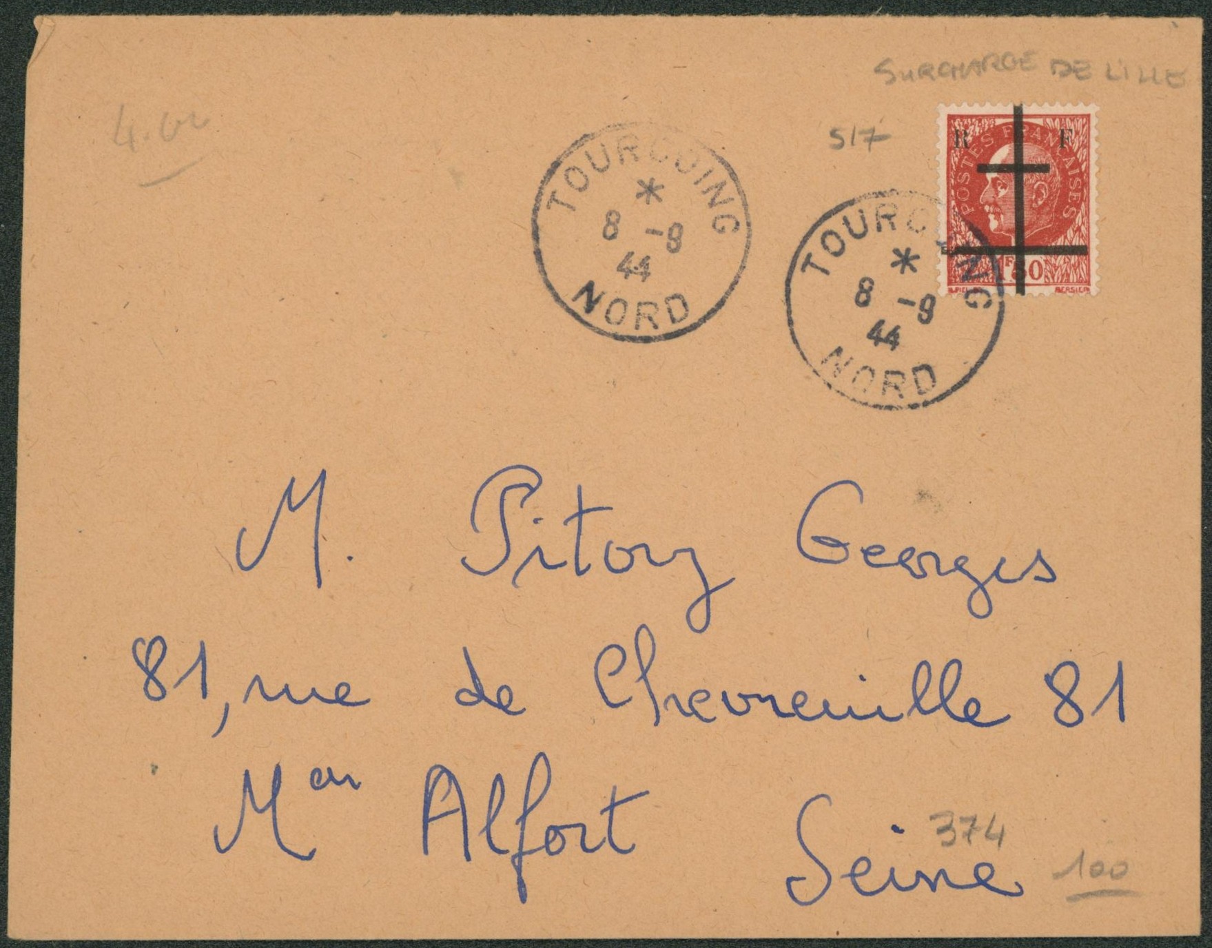 France Libération - Pétain surcharge de Lille sur lettre expédié de Tourcoing / Nord > Seine