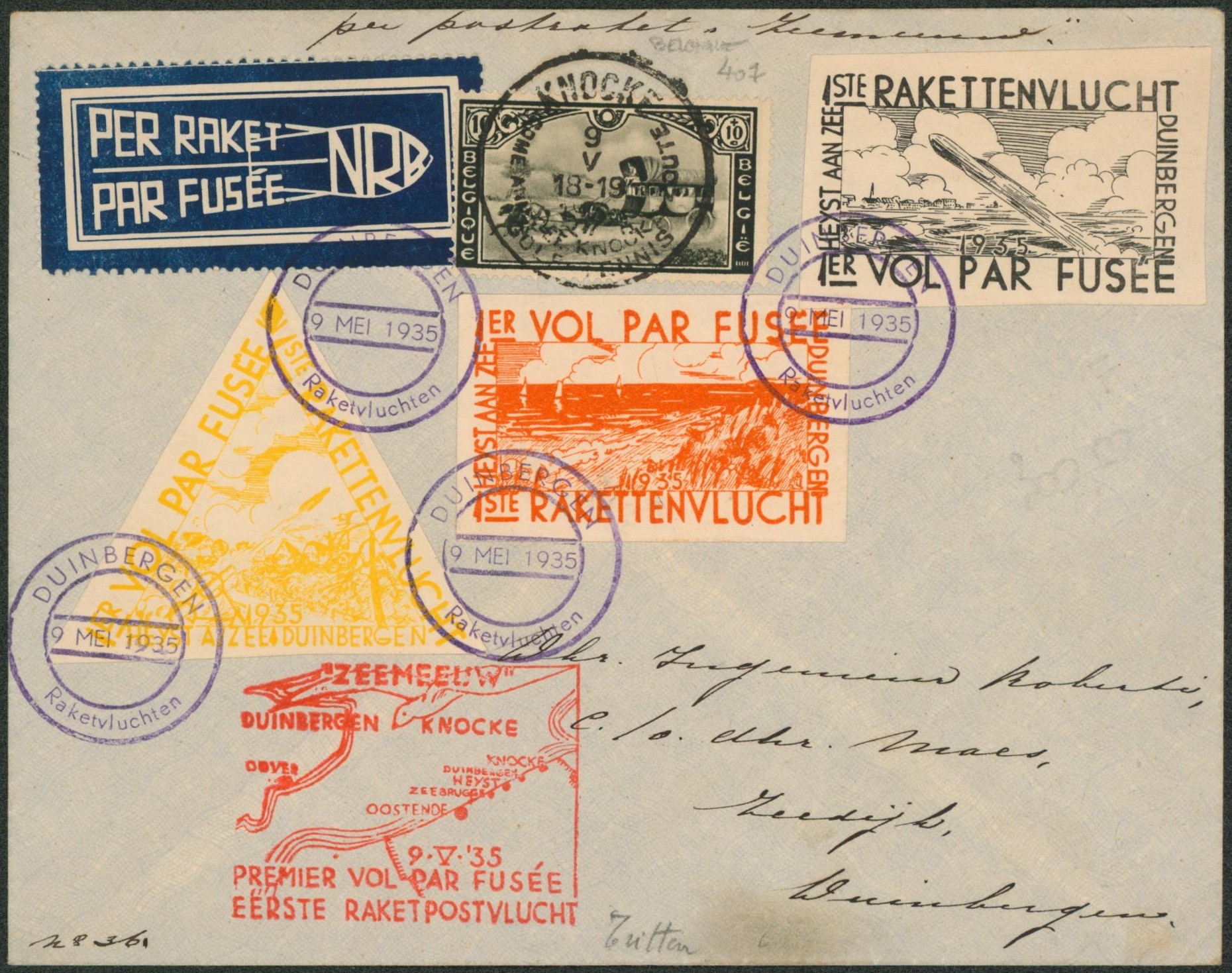 E7/9 sur lettre "Premier vol par fusée" Duinbergen - Knocke (9/5/1935). Superbe ! Vignette exposition de Bruxelles"