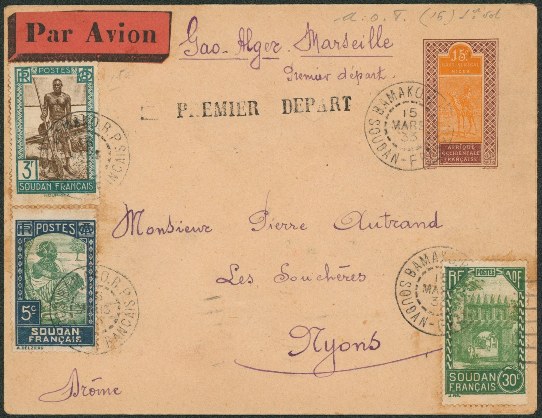 Afrique occidentale française - Entier type enveloppe 15ctm + affranchissement complémentaire expédié par avion de Bamako > Nyons (France) 