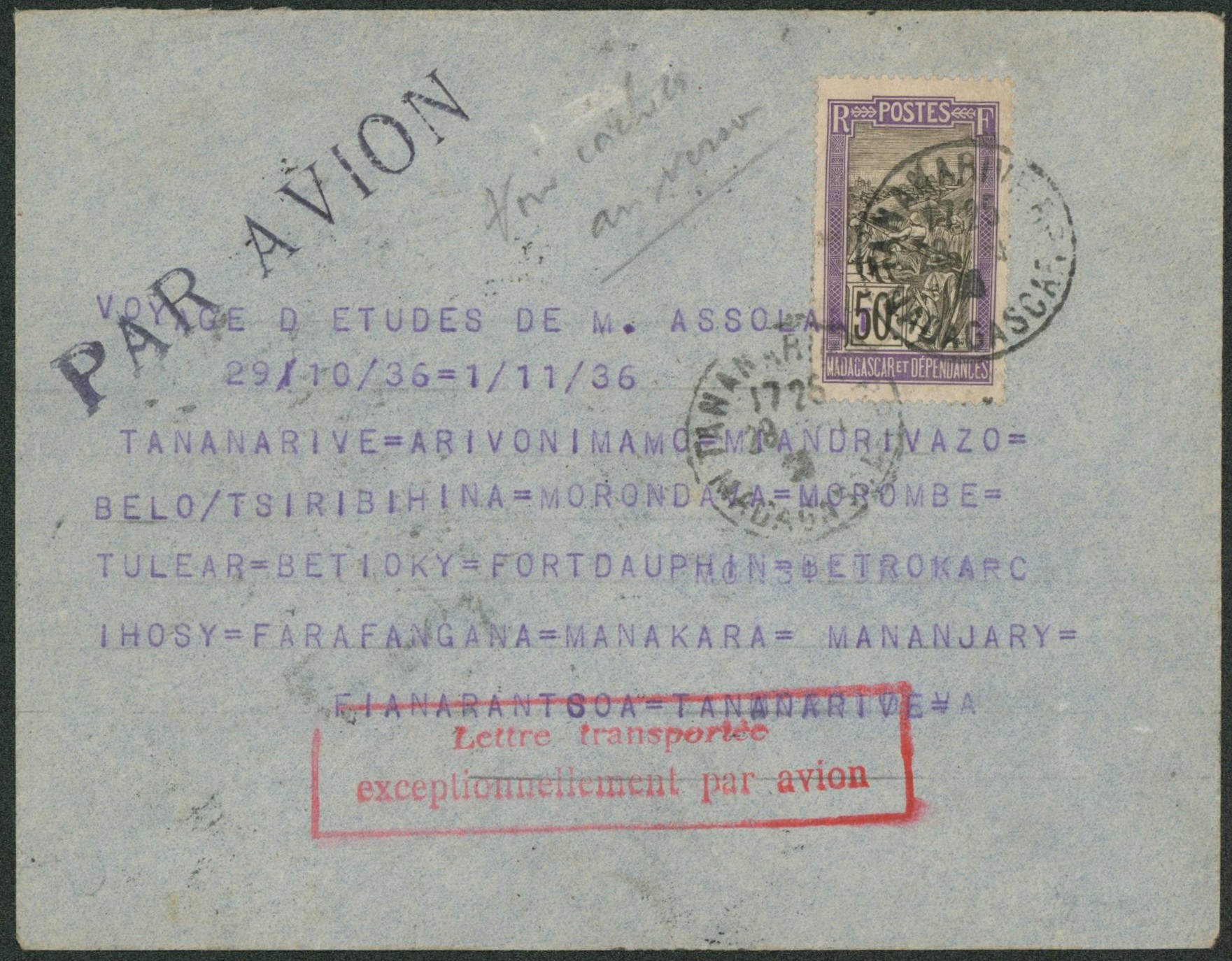 Madagascar - 50ctm sur lettre par avion de Tananarive (voyage d'études) + encadré rouge "lettre transportée exeptionnellement par avion". Nombreux cachet au verso, intérieur du pays. "