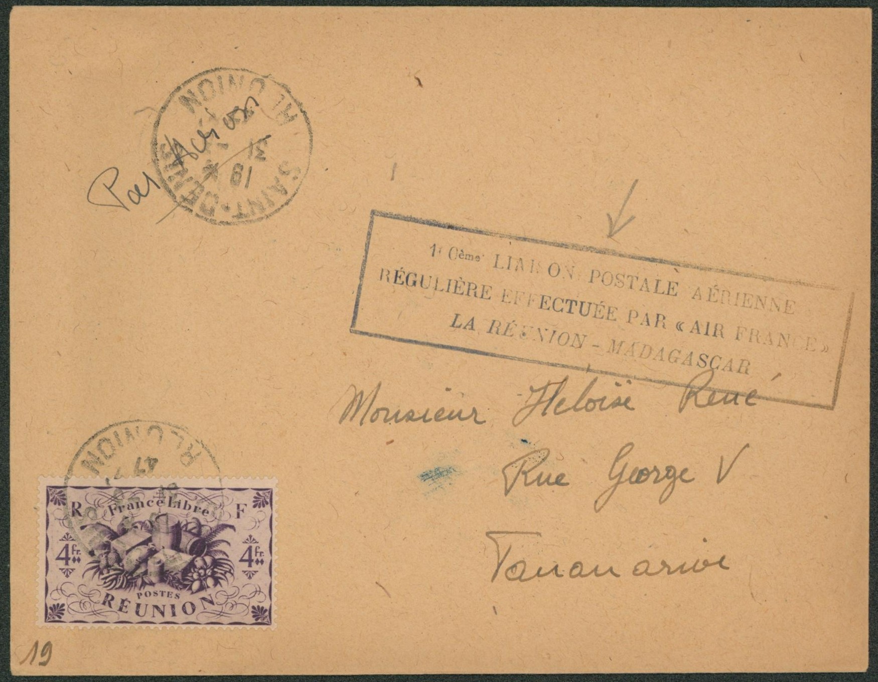 Réunion - 4Fr sur lettre 100ème liaison postale aérienne régulière effectuée par AIR France La Réunion - Madagascar