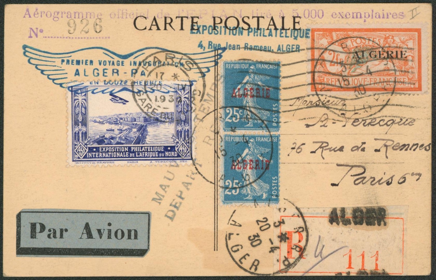 Algérie - carte postale exposition philatélique international de l'afrique du Nord, premier voyage d'inauguration Alger-Paris en douze heures