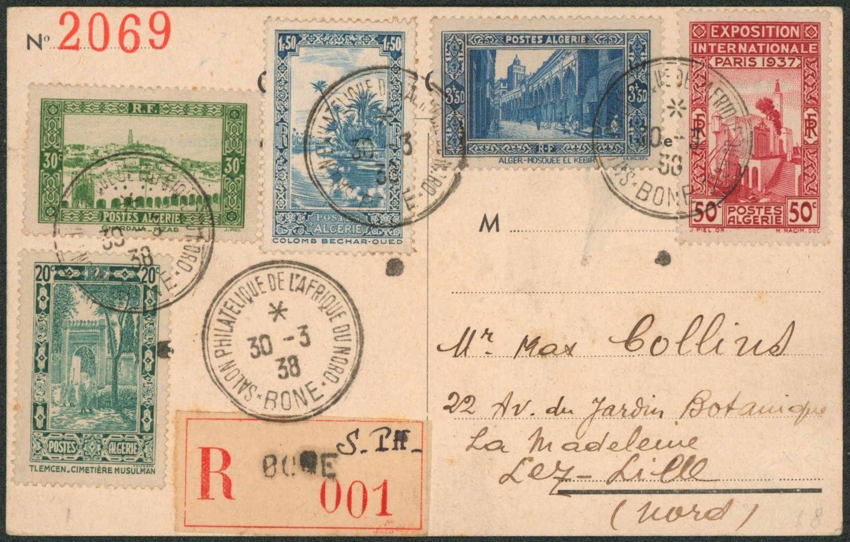 Carte postale en recommandé 1er salon de propagande philatélique de l'afrique du nord çàd Algérie (Bone) > Lille 